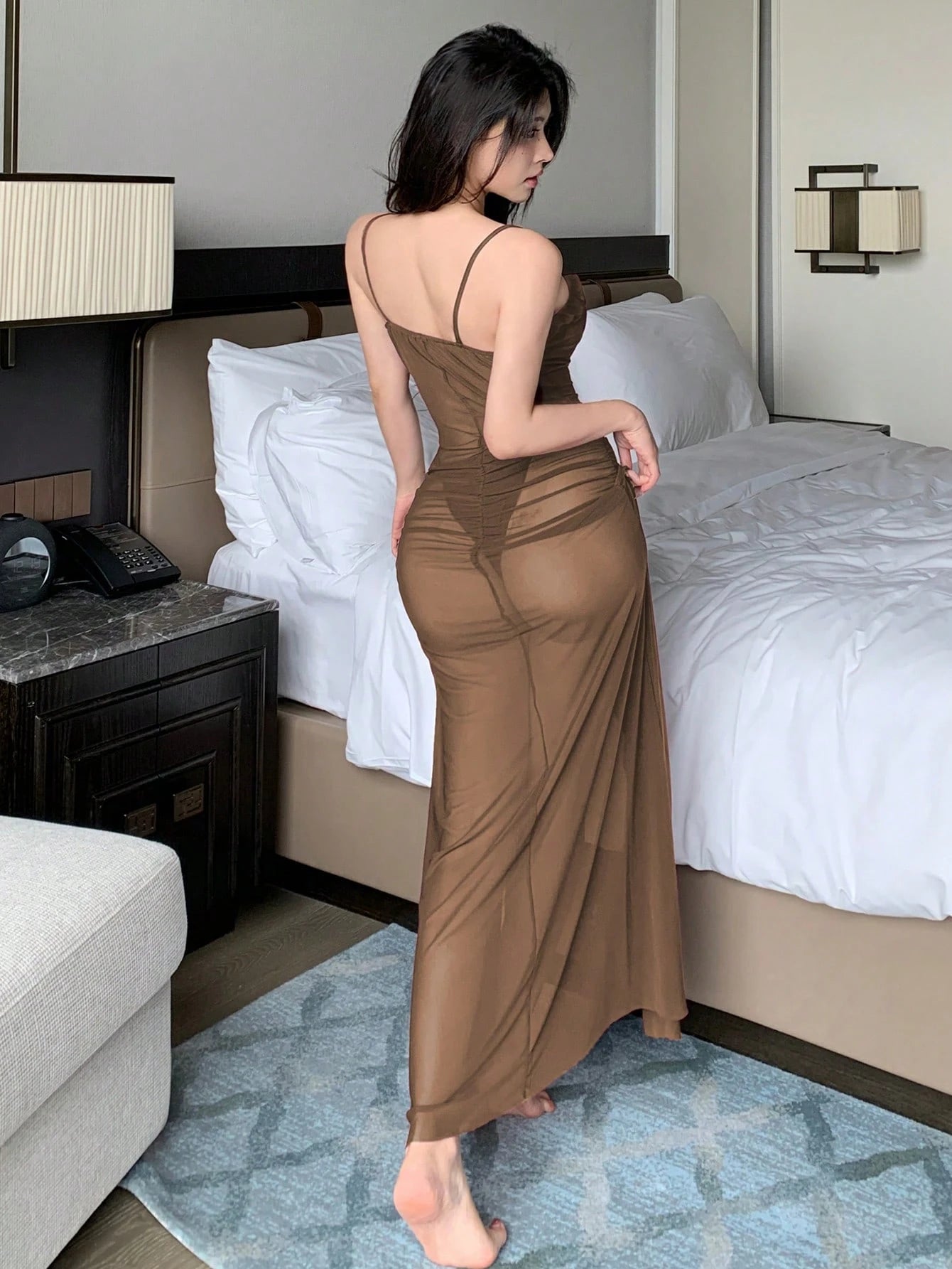 DAZY Sheer Mesh High Slit Hollow Ruffle Trim Camisole Sexy Nightgown