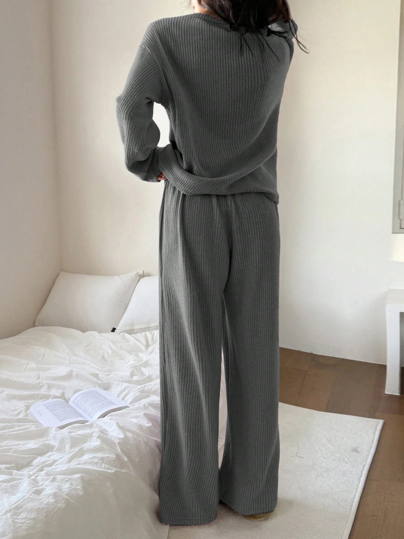 DAZY Simple Stripe Texture Flannel Spring Women Pajama Set