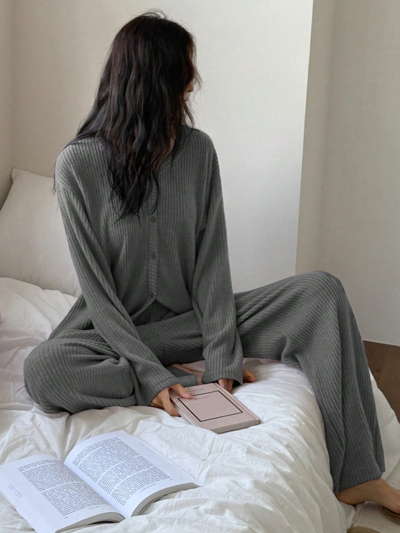 DAZY Simple Stripe Texture Flannel Spring Women Pajama Set