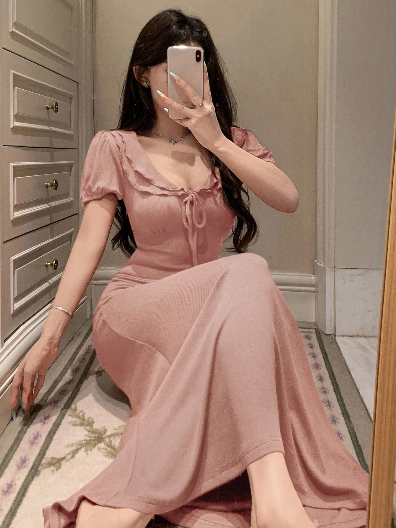 DAZY Plain Color Ruffled Deep Round Neck Waist Cinched Long Dress Home Wear