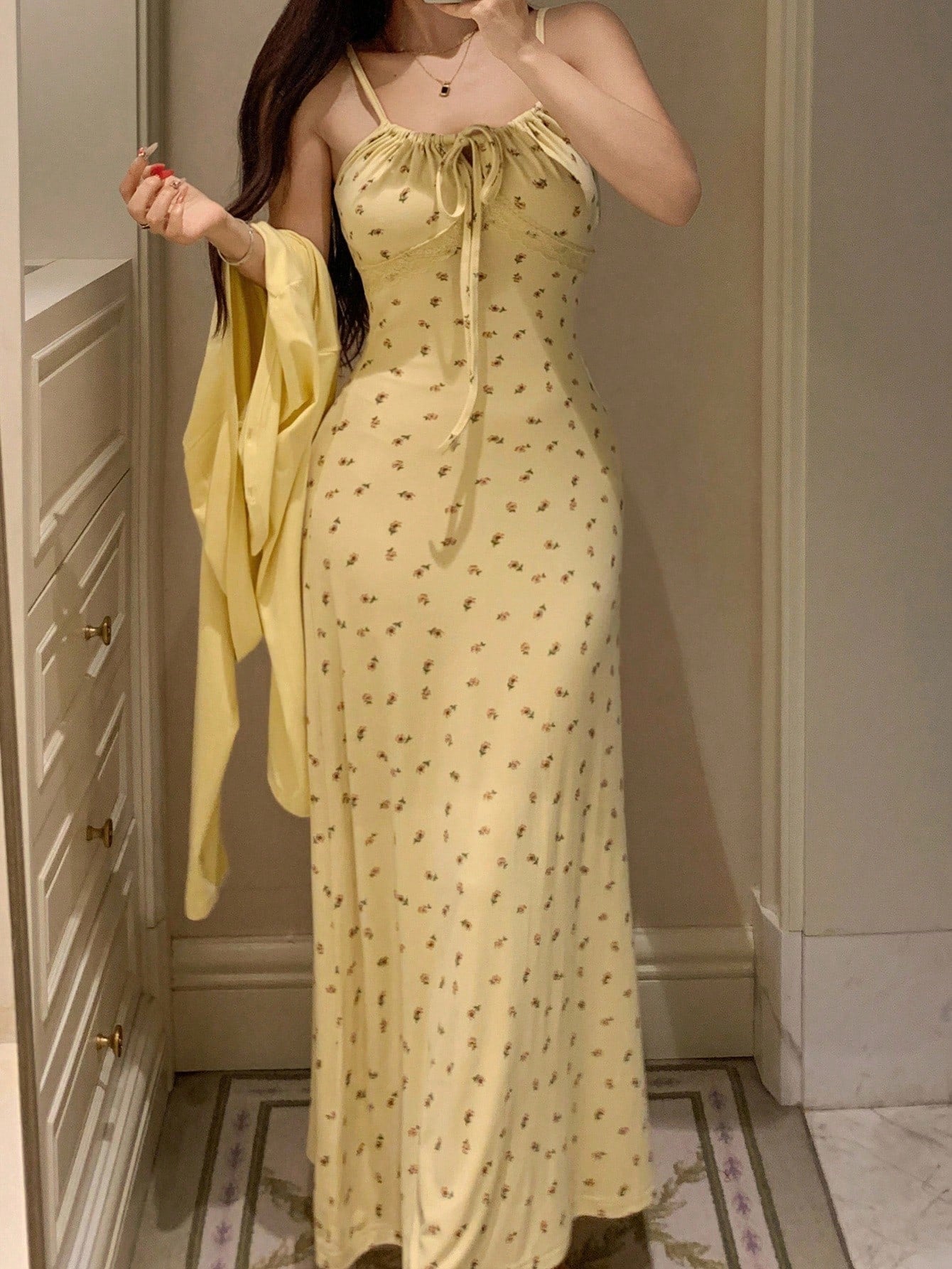 DAZY Solid Color Short Coat & Ditsy Floral Fitted Long Camisole Nightgown