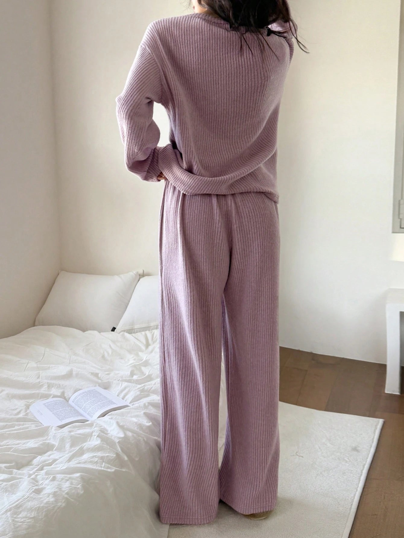 DAZY Simple Stripe Texture Flannel Spring Women Pajama Set