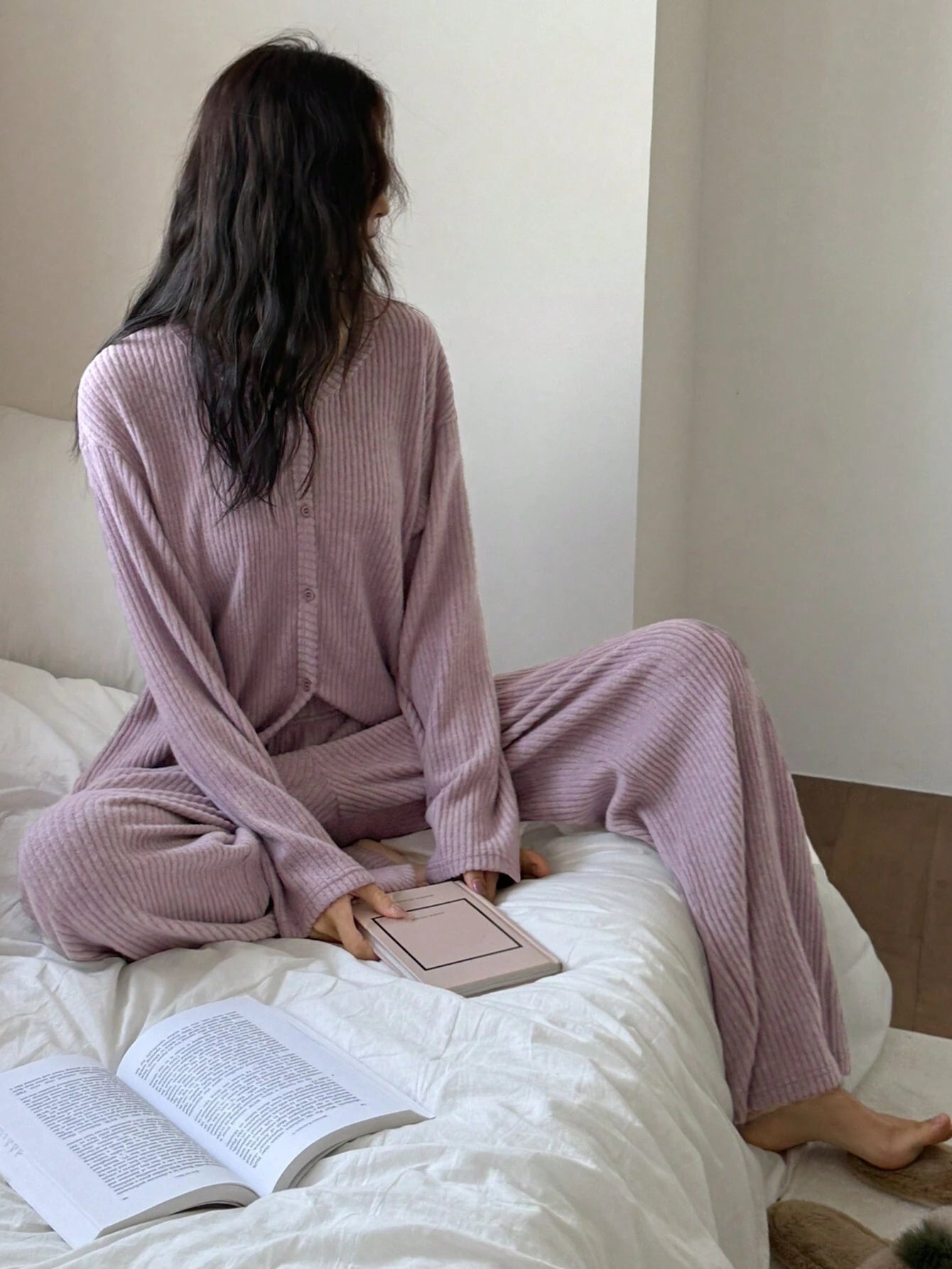 DAZY Simple Stripe Texture Flannel Spring Women Pajama Set