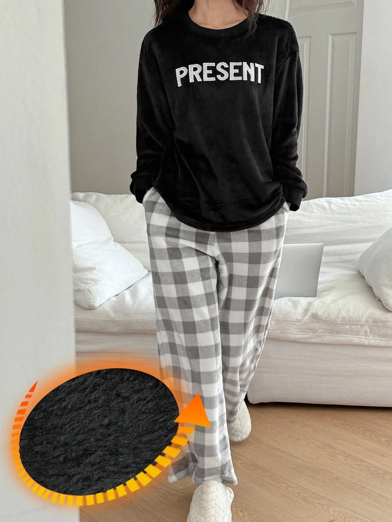 Women's Winter Fleece Letter Embroidery Top And Plaid Pants