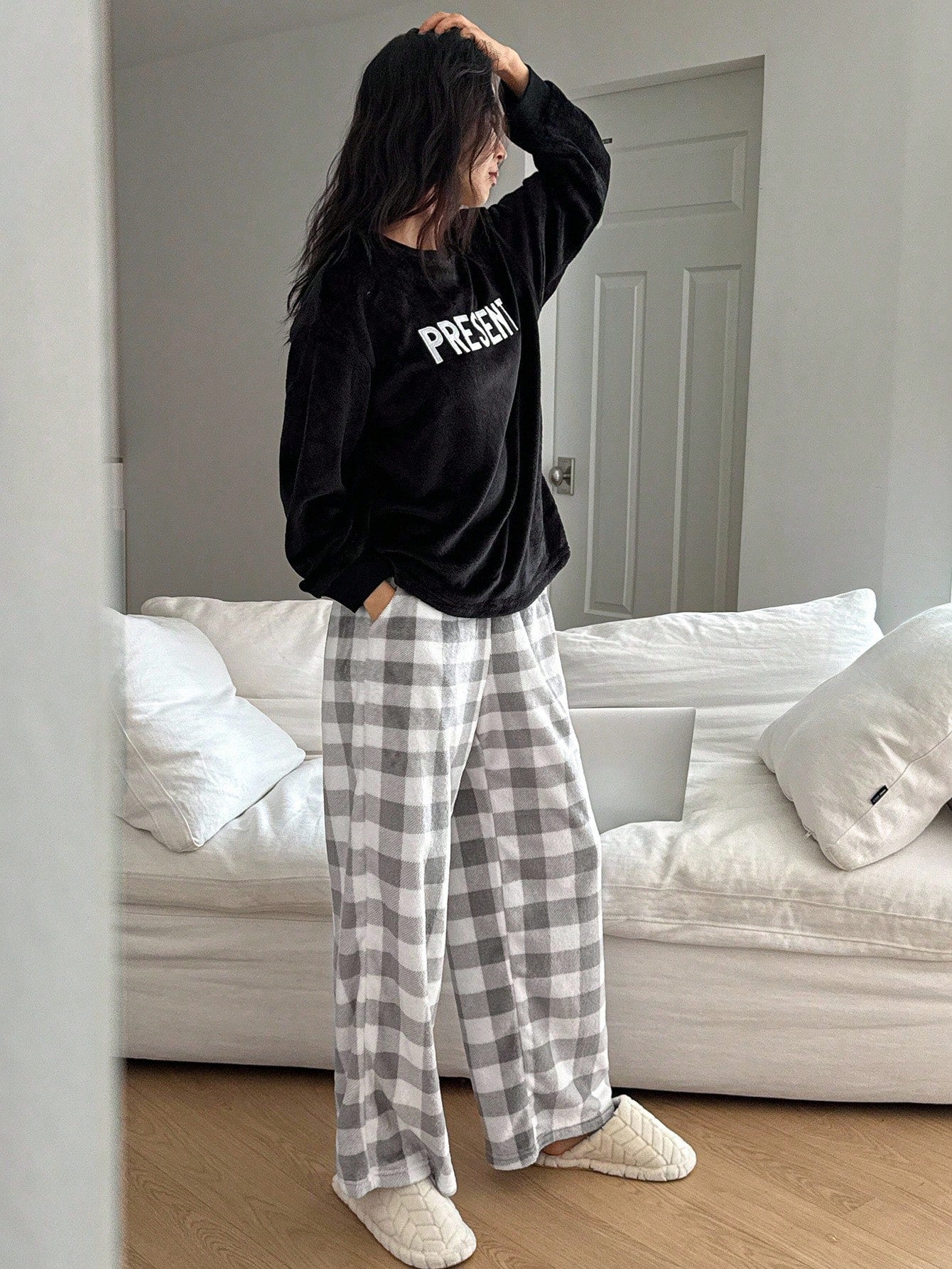 Women's Winter Fleece Letter Embroidery Top And Plaid Pants