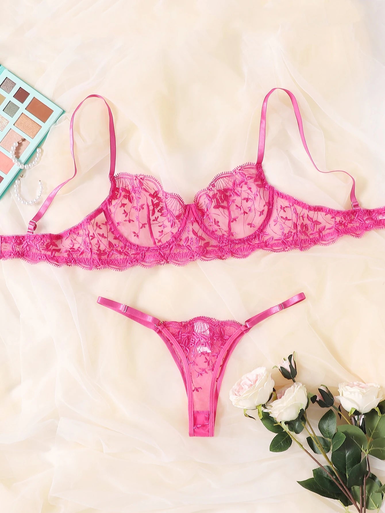 Charlaine Embroidered Mesh Underwire Lingerie Set Hot Pink