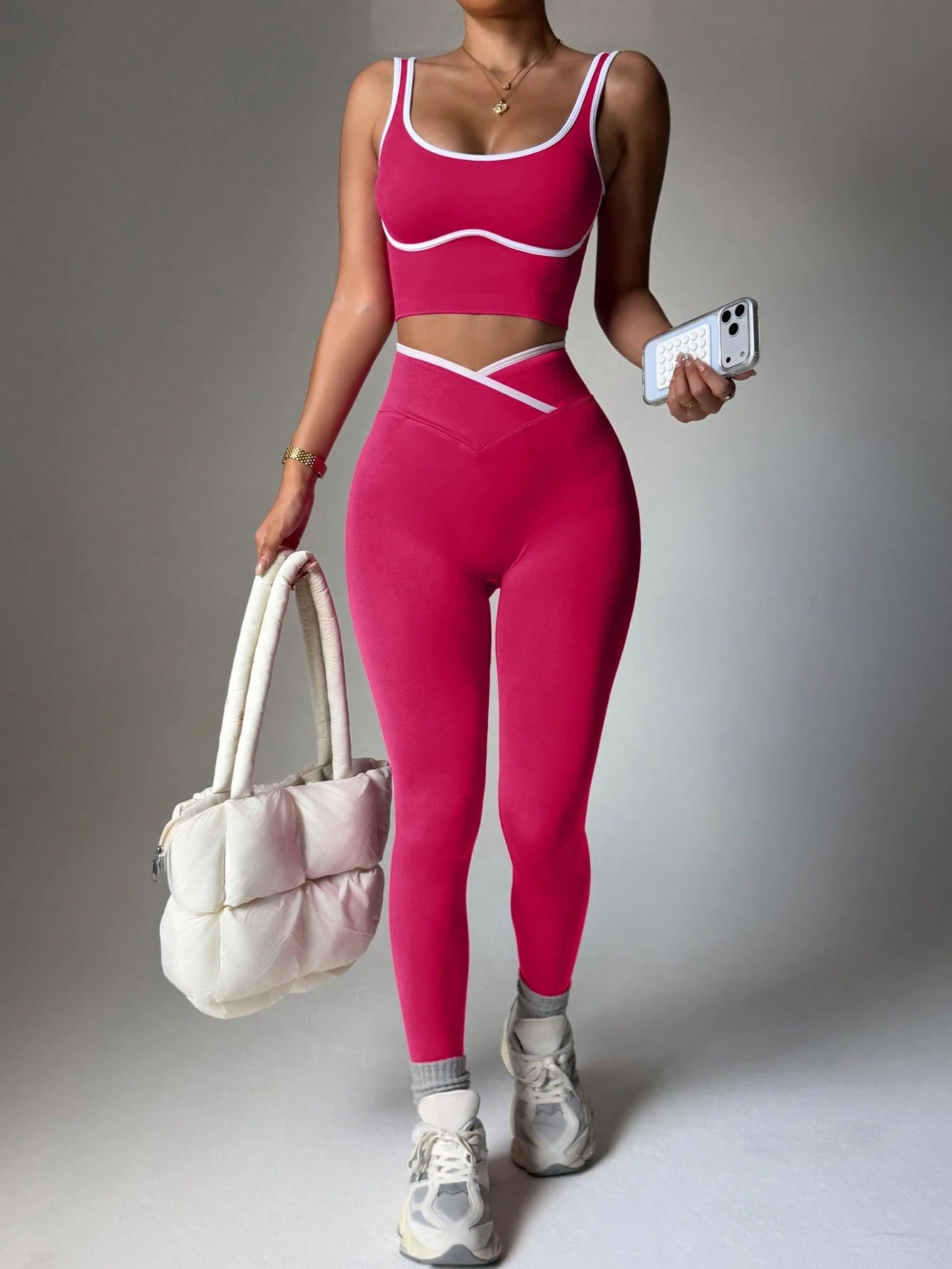 Women's Seamless Contrast Color Yoga Activewear Set Red Violet