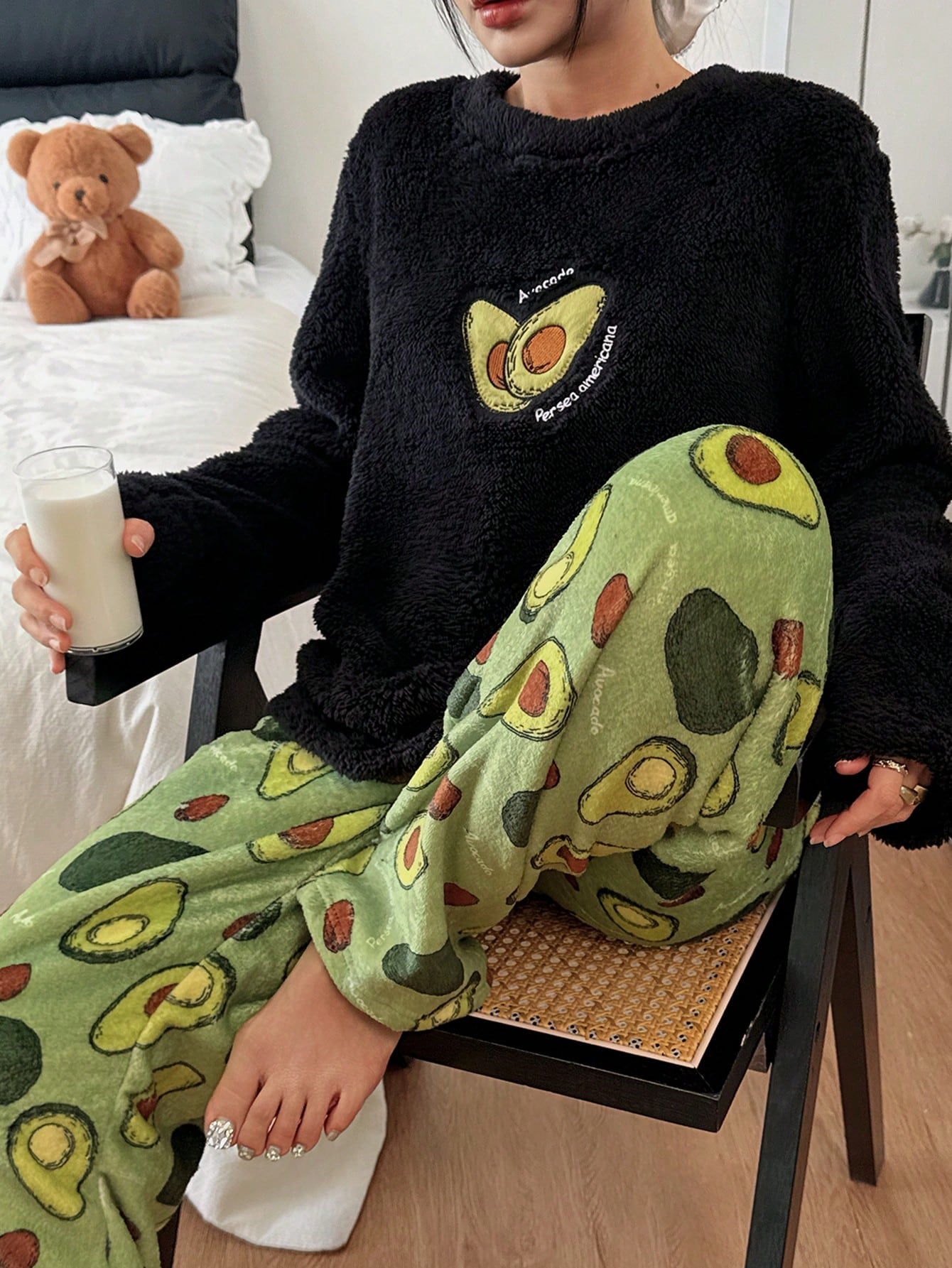 Dream Adore Avocado Embroidered Fluffy Sweatshirt And Flannel Printed Pants