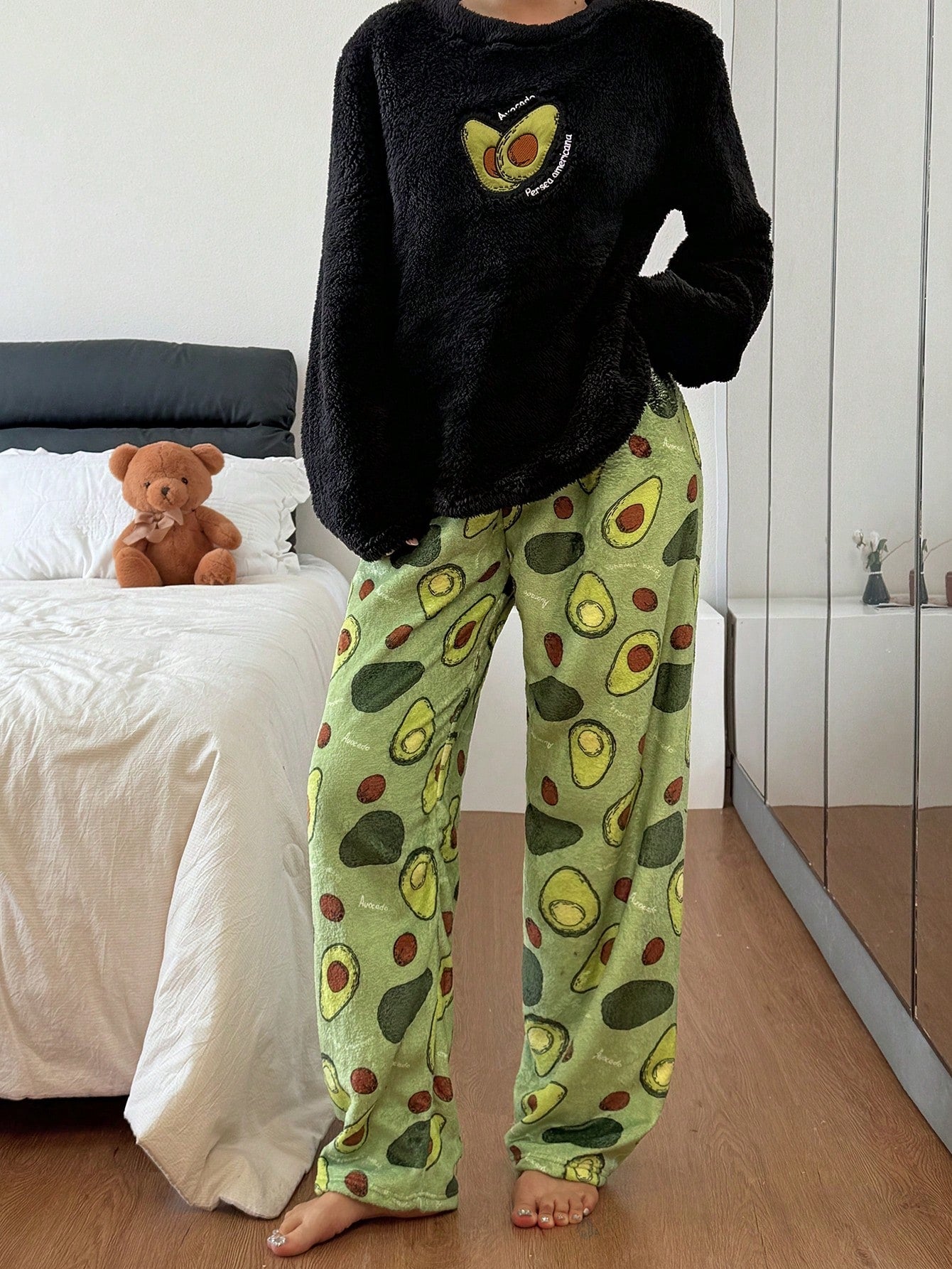 Dream Adore Avocado Embroidered Fluffy Sweatshirt And Flannel Printed Pants
