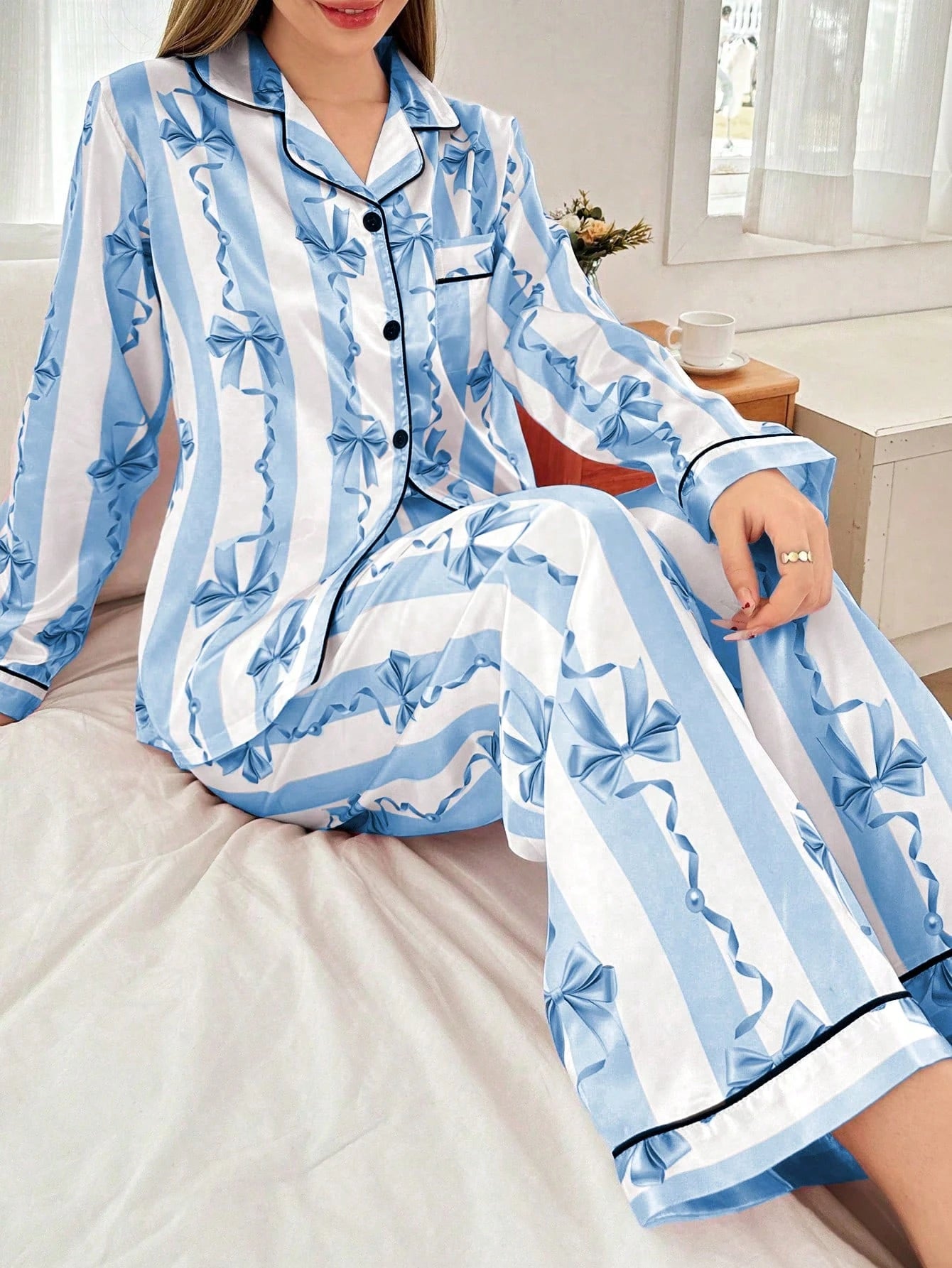Dream Adore Ribbon Bow Print Faux Silk Lapel Pajama Set