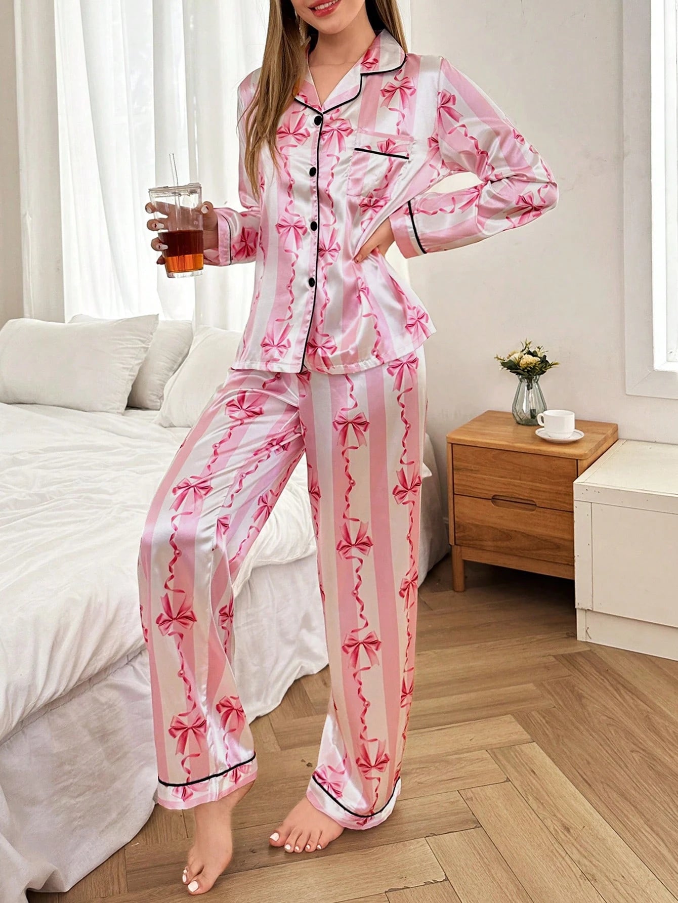 Dream Adore Ribbon Bow Print Faux Silk Lapel Pajama Set