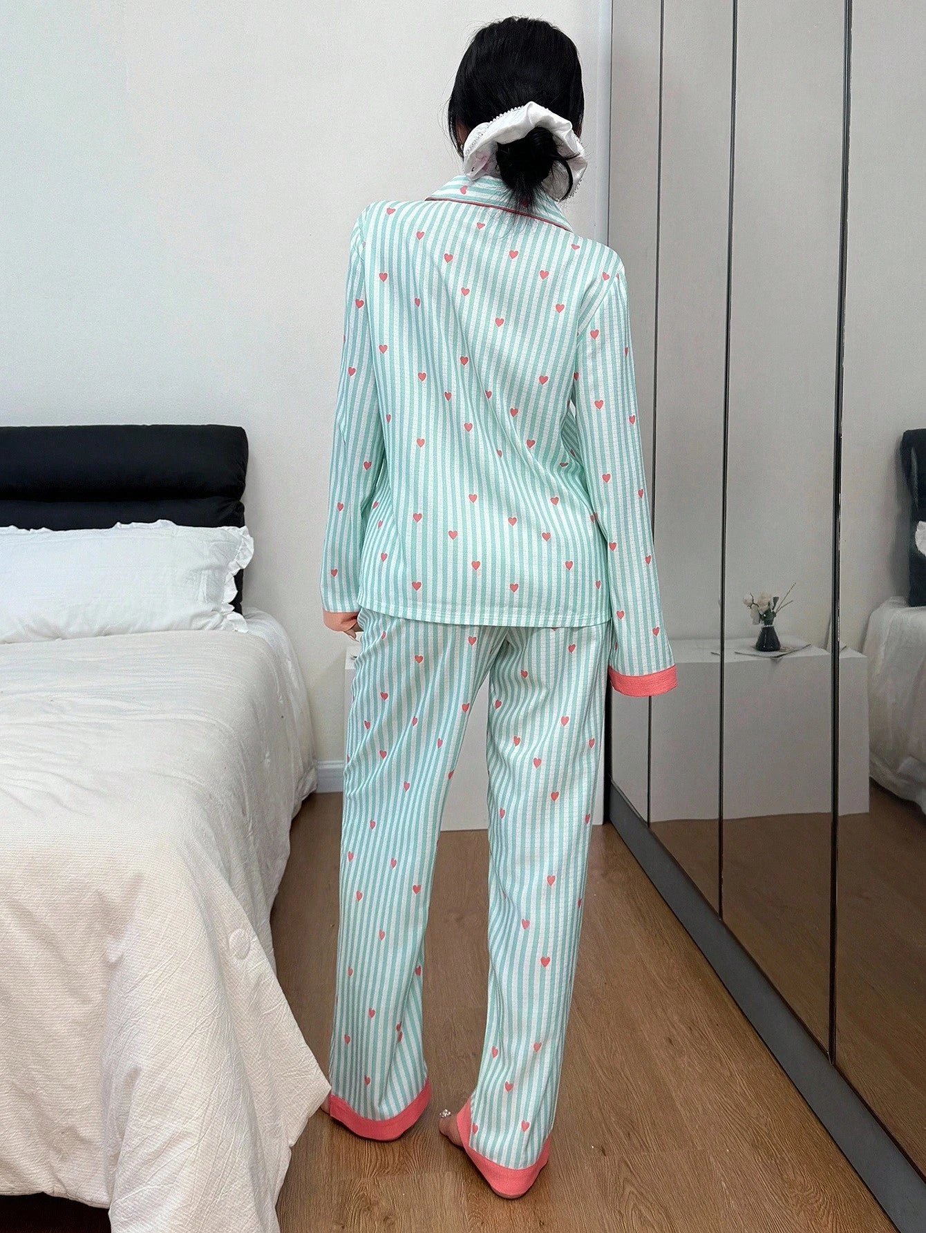 Striped Heart Print Lapel Collar Pink Button Up Top & Pants Pajama Set