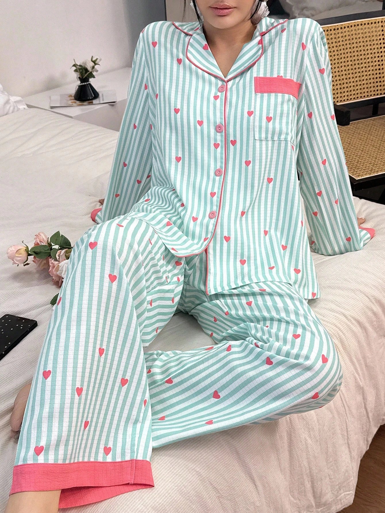 Striped Heart Print Lapel Collar Pink Button Up Top & Pants Pajama Set