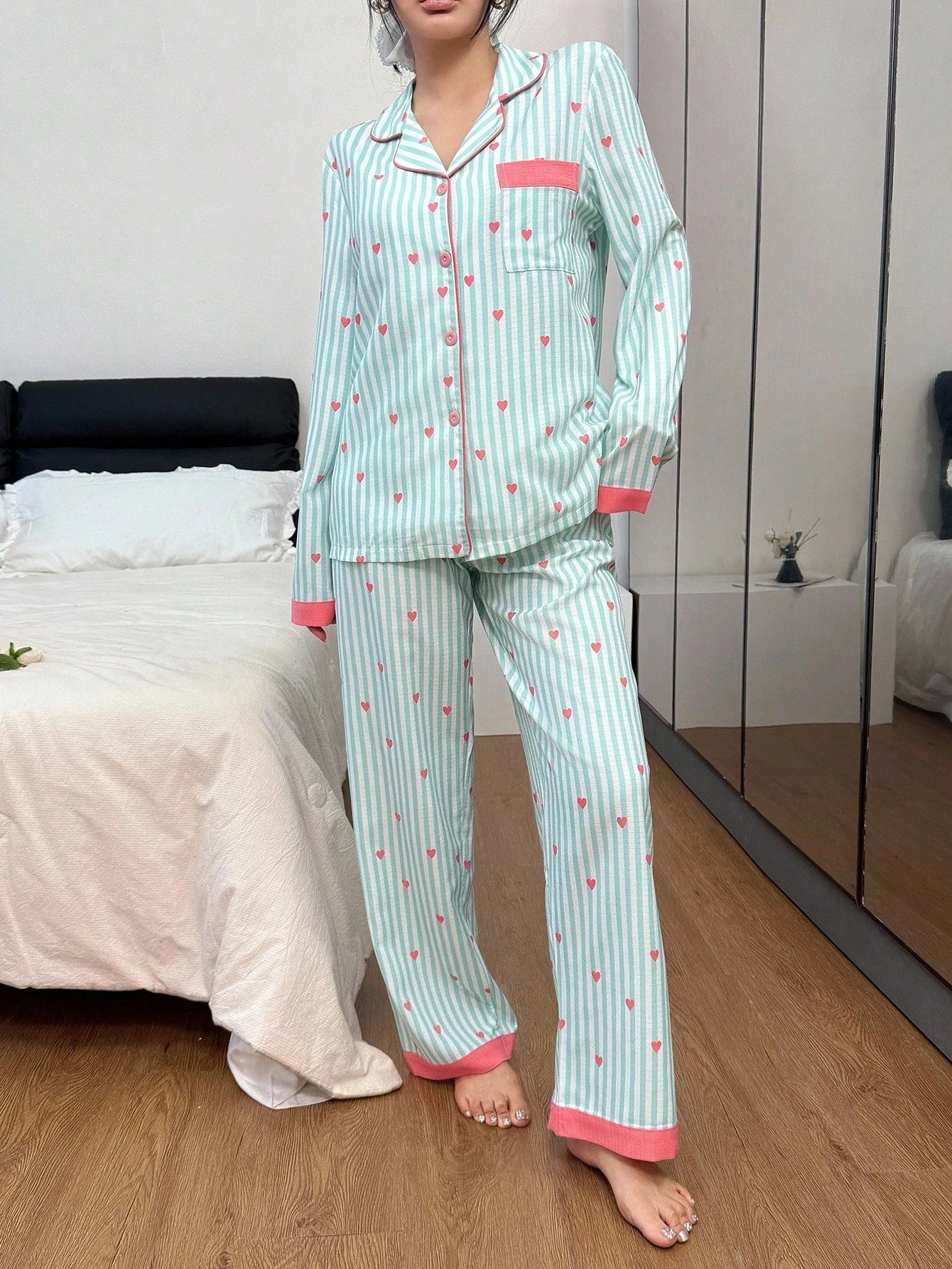 Striped Heart Print Lapel Collar Pink Button Up Top & Pants Pajama Set