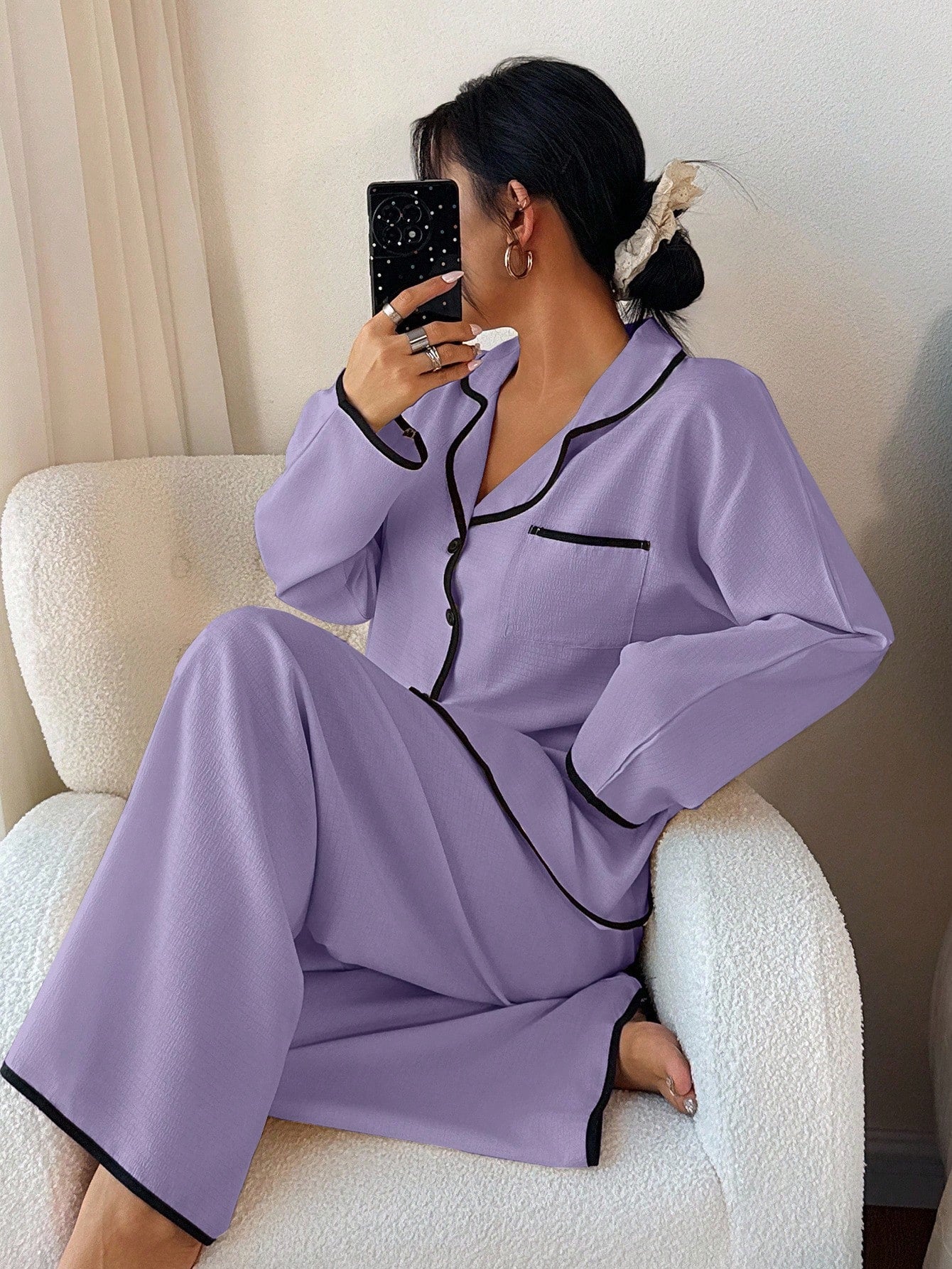 Contrast Trim Lapel Loose Long Sleeve Pajama Set