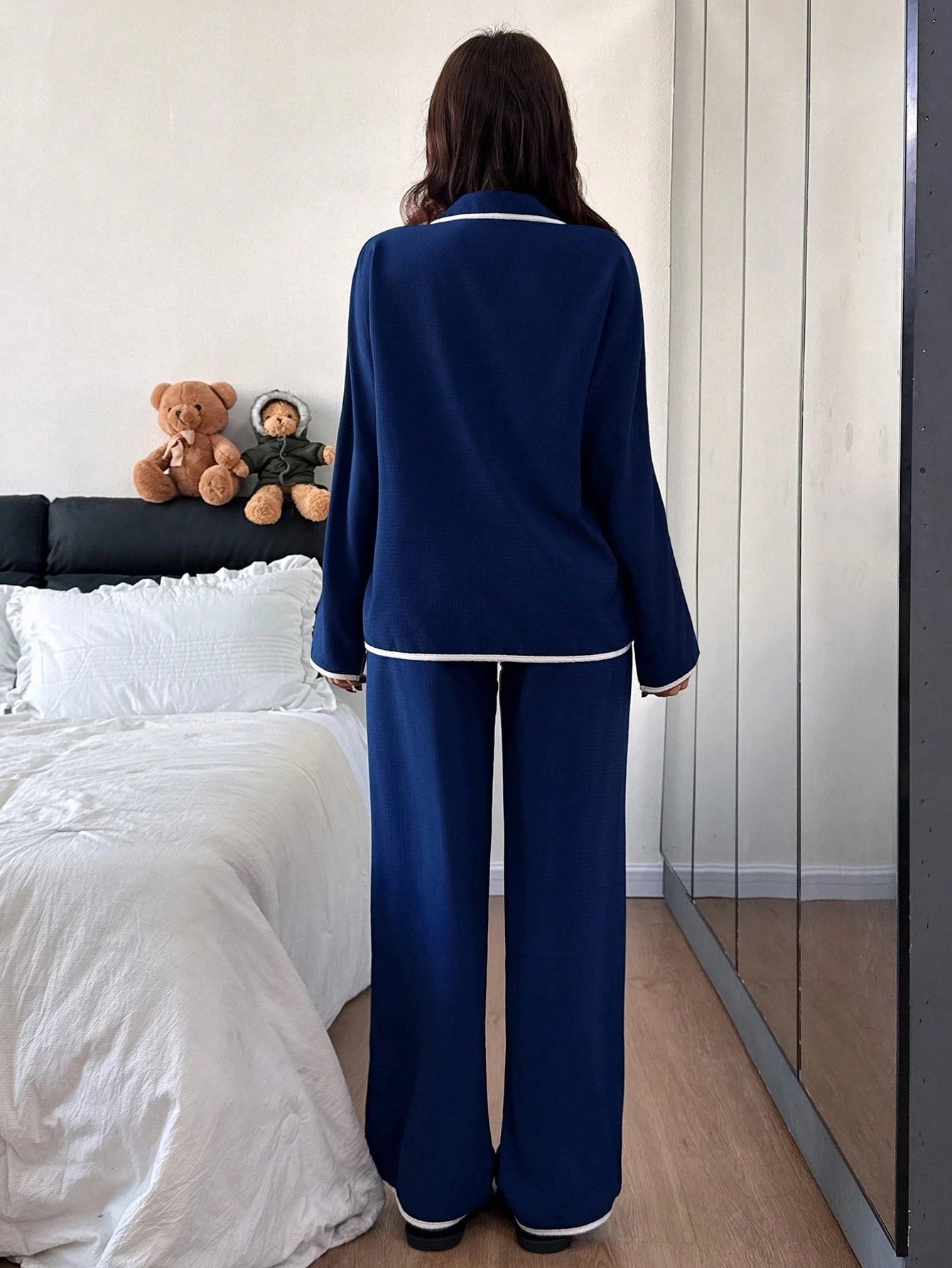 Contrast Trim Lapel Loose Long Sleeve Pajama Set