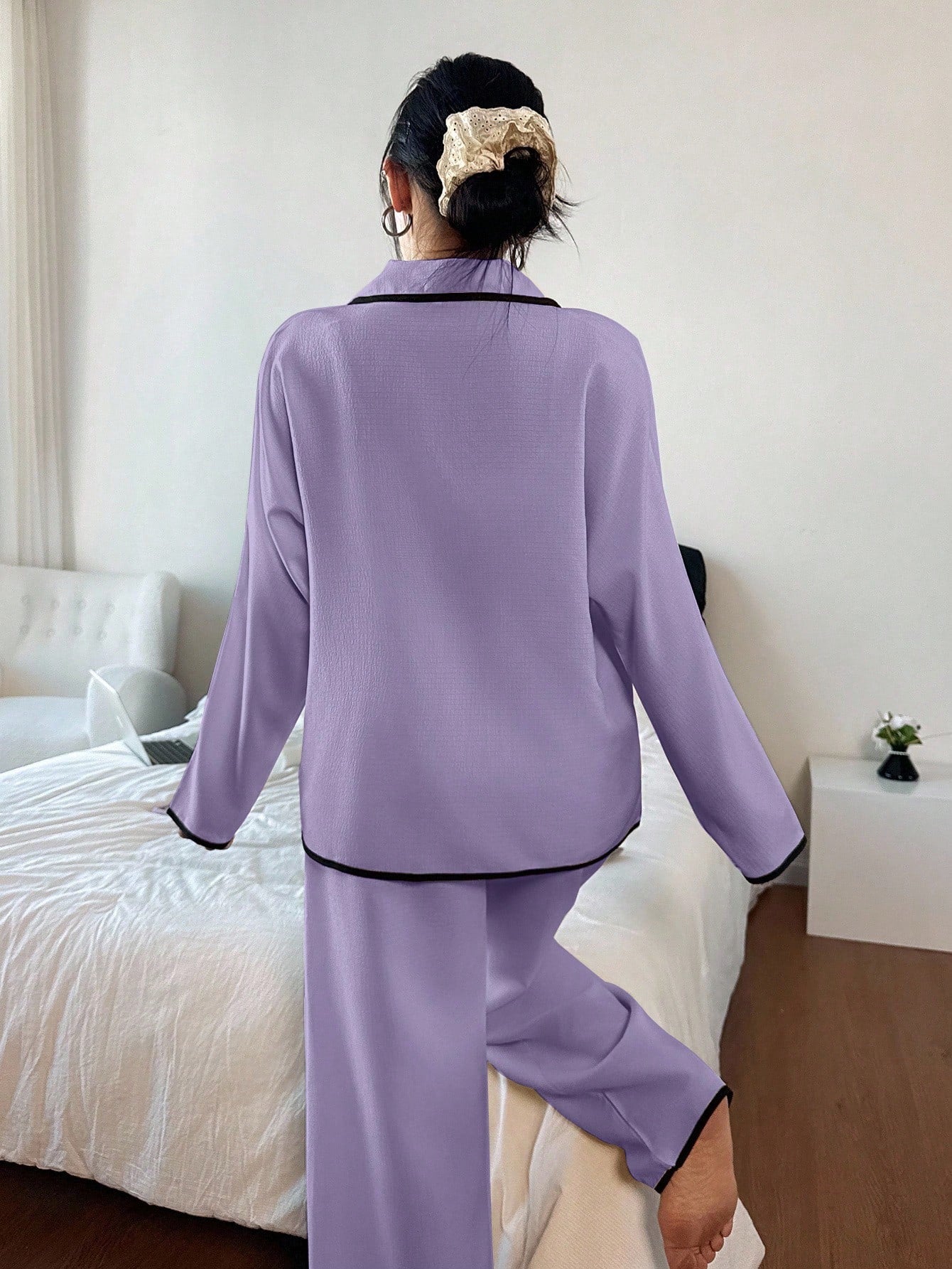Contrast Trim Lapel Loose Long Sleeve Pajama Set