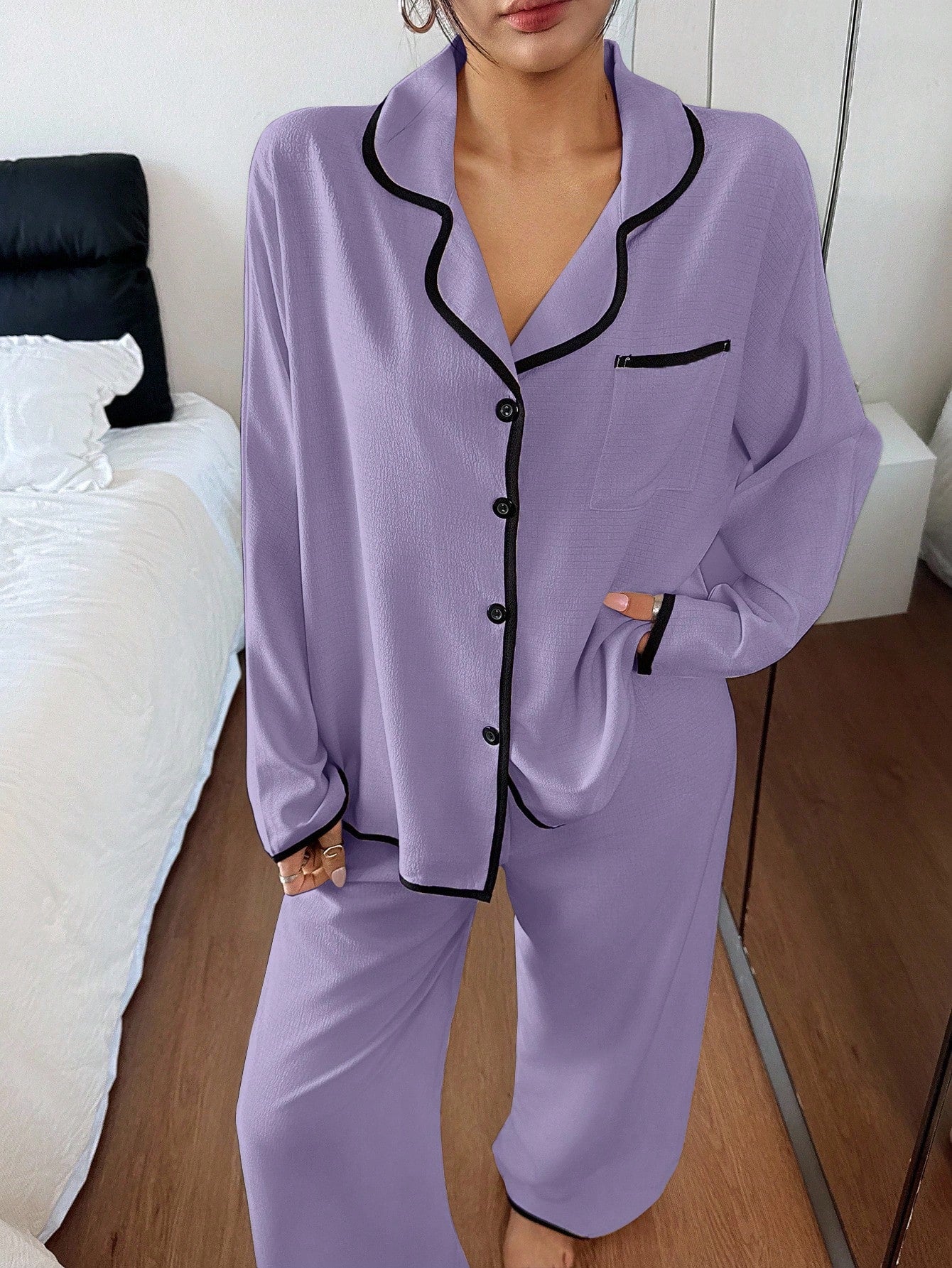 Contrast Trim Lapel Loose Long Sleeve Pajama Set