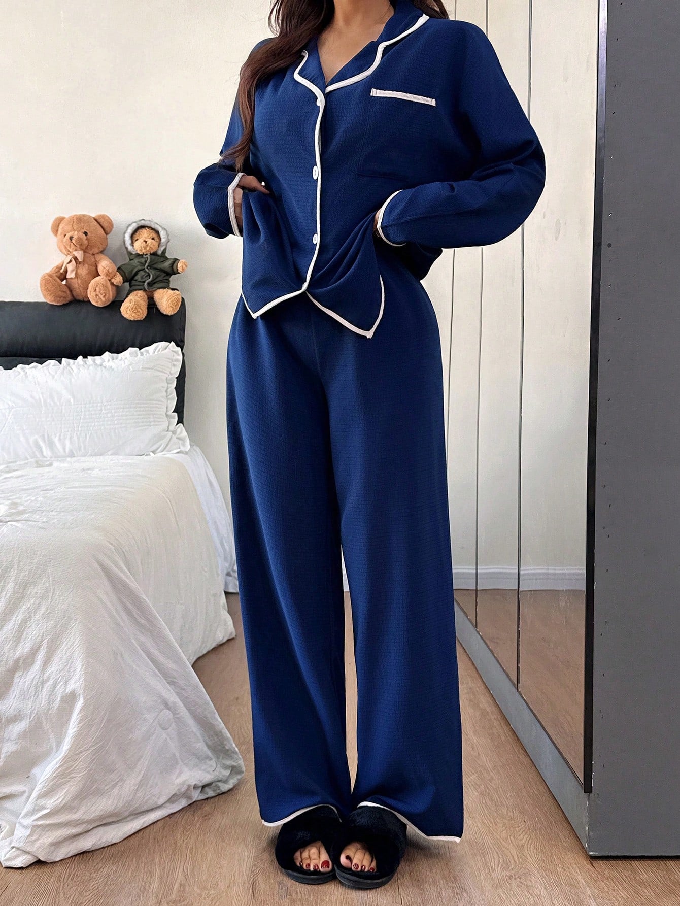 Contrast Trim Lapel Loose Long Sleeve Pajama Set