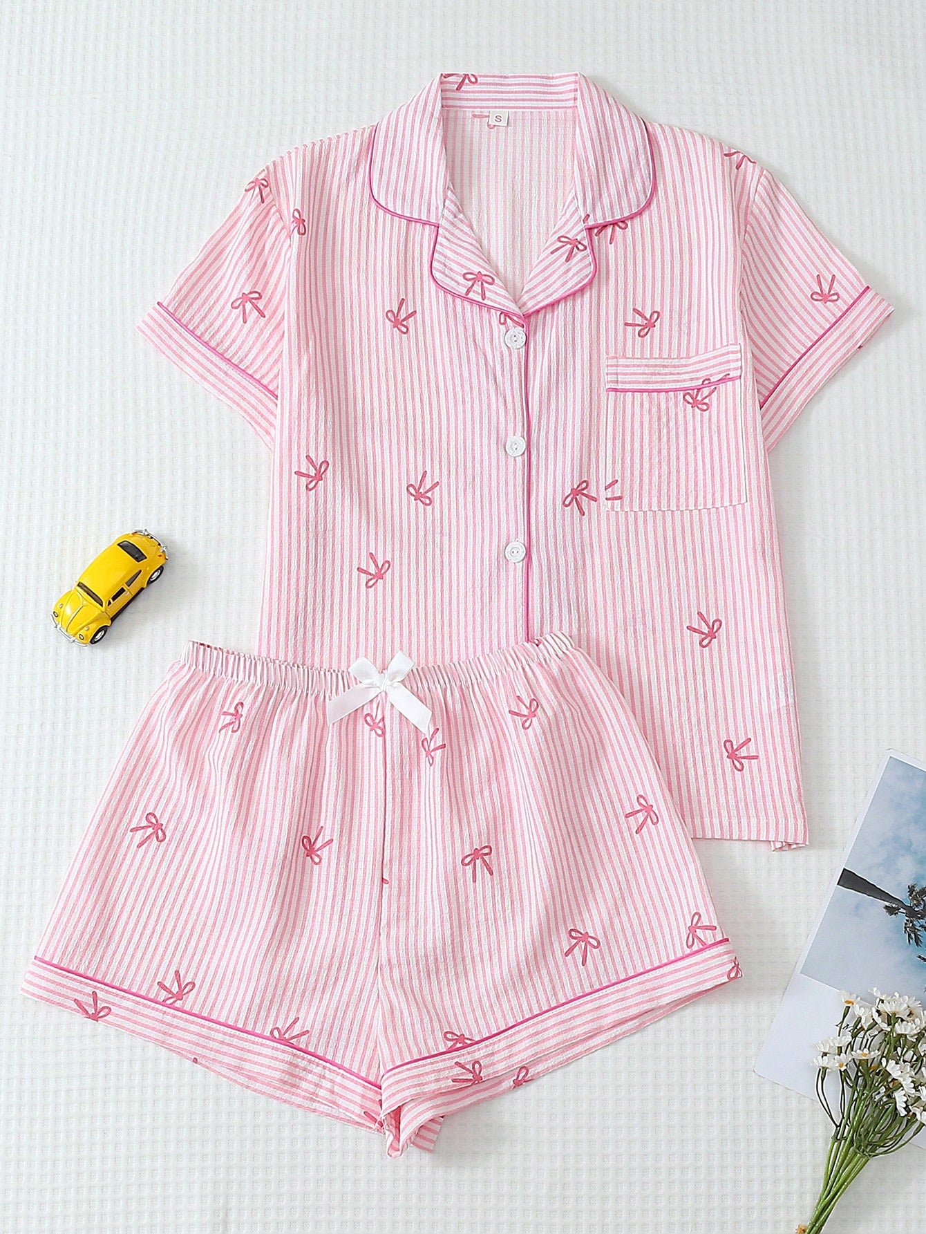 Heart Collar Button Short Sleeve Top With Pocket And Bow Shorts Pajama Set