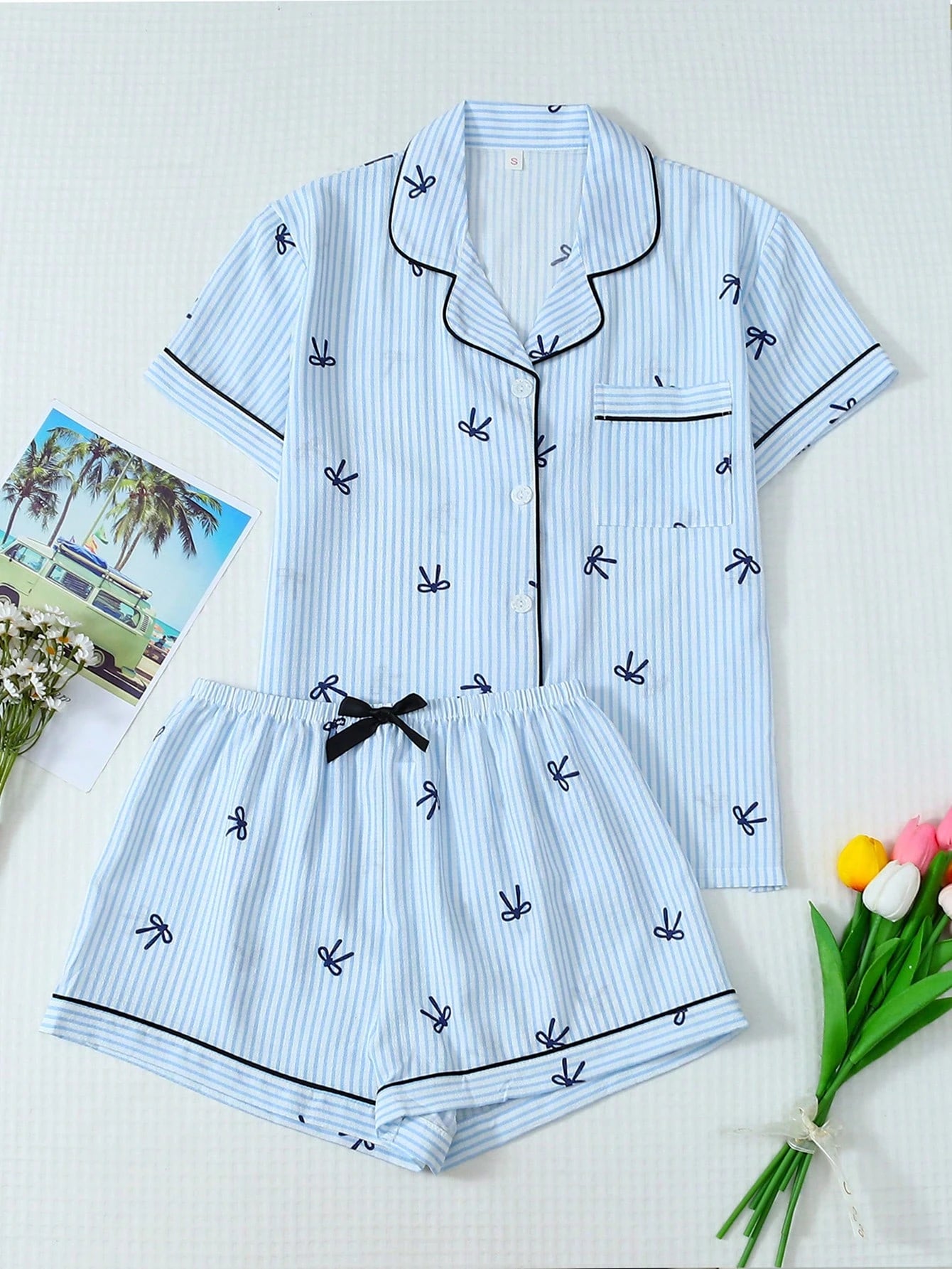 Heart Collar Button Short Sleeve Top With Pocket And Bow Shorts Pajama Set