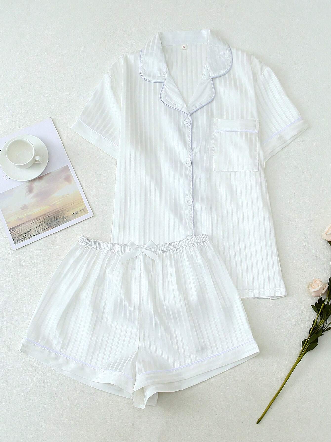 Women's Satin Striped Short Sleeve Polo Collar Top And Bow Shorts Pajama Set
