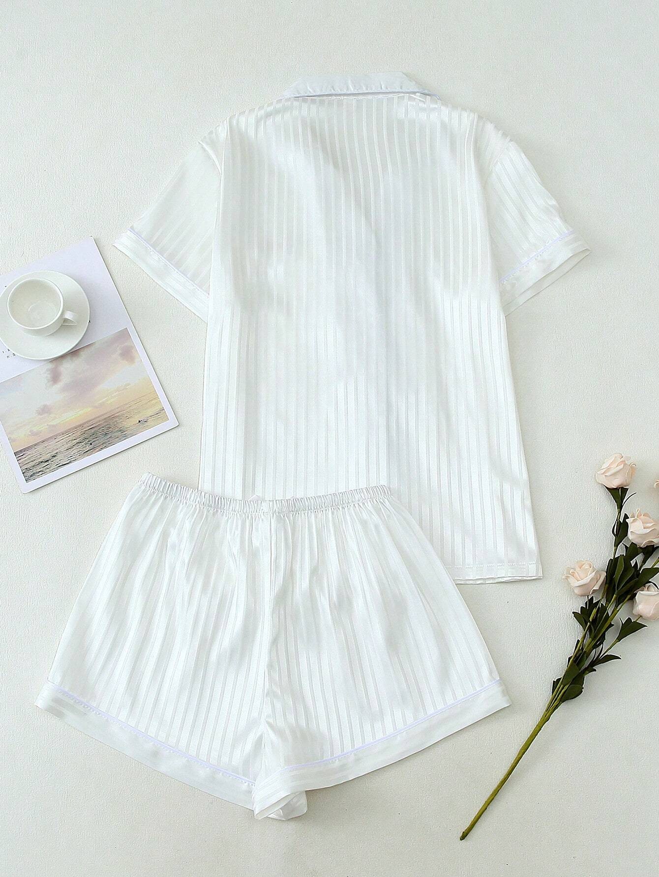 Women's Satin Striped Short Sleeve Polo Collar Top And Bow Shorts Pajama Set
