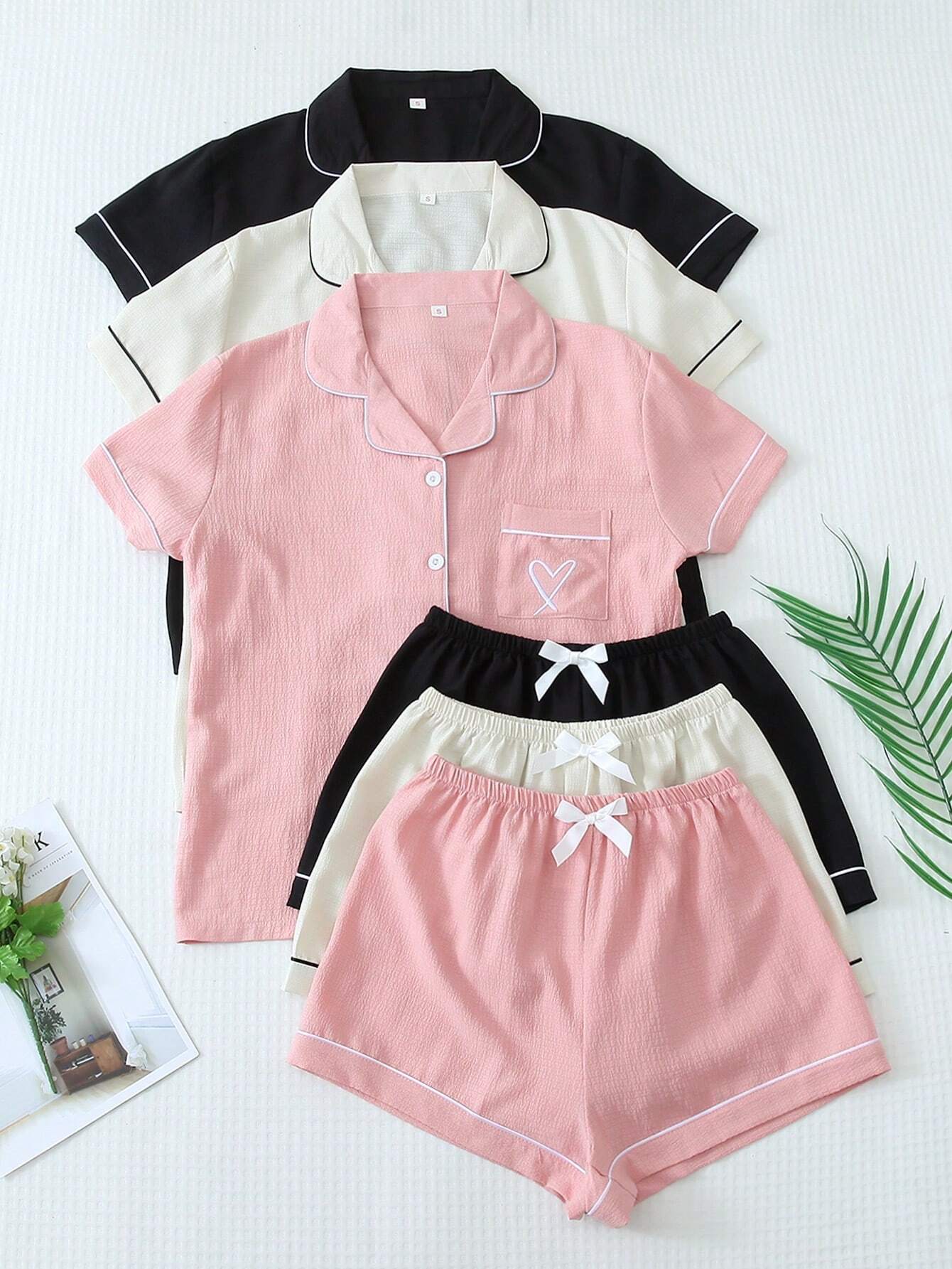 Contrast Trim Polo Collar Pocket Heart Print Short Sleeve Button Top And Bow Shorts