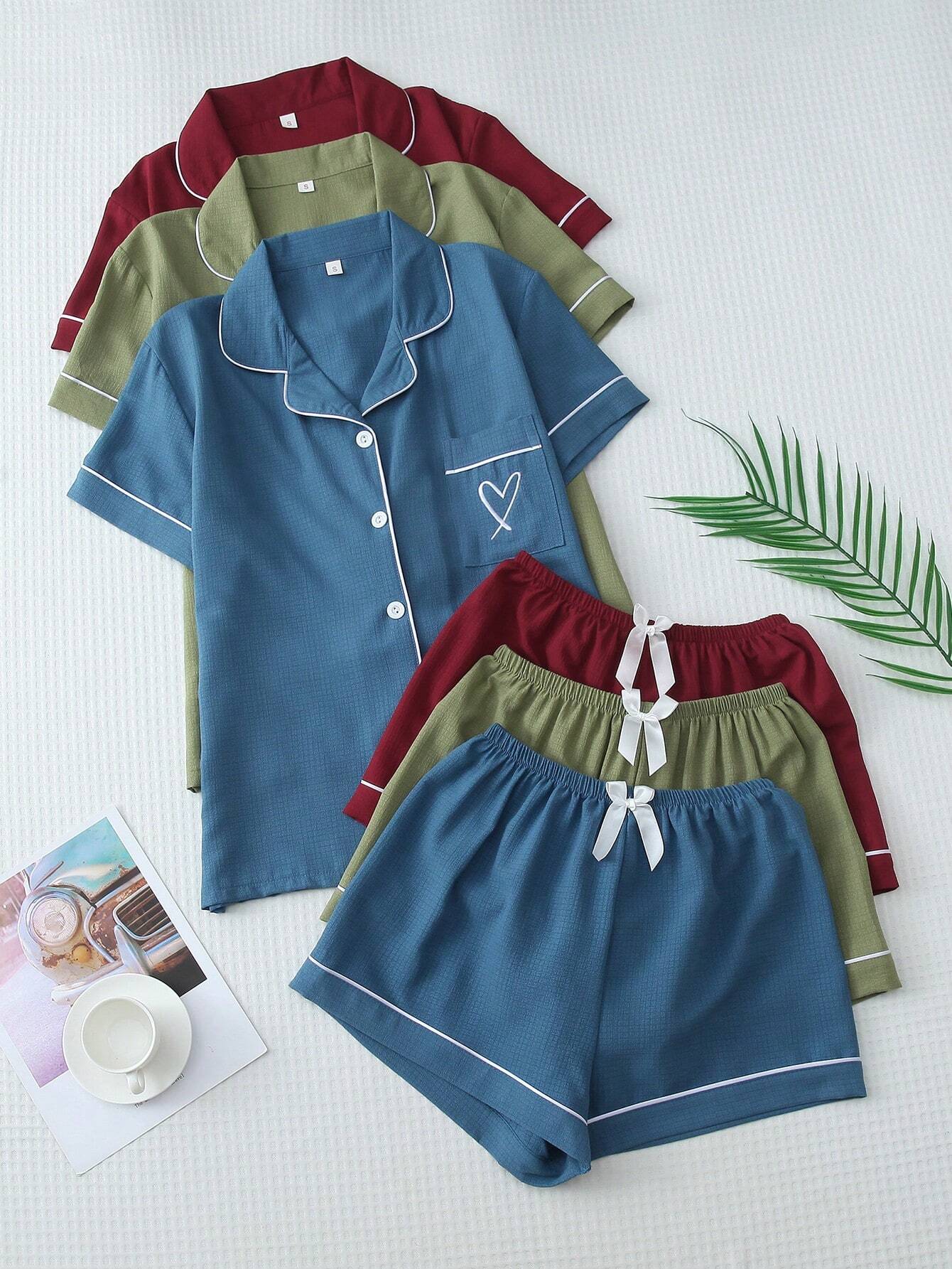 Contrast Trim Polo Collar Pocket Heart Print Short Sleeve Button Top And Bow Shorts