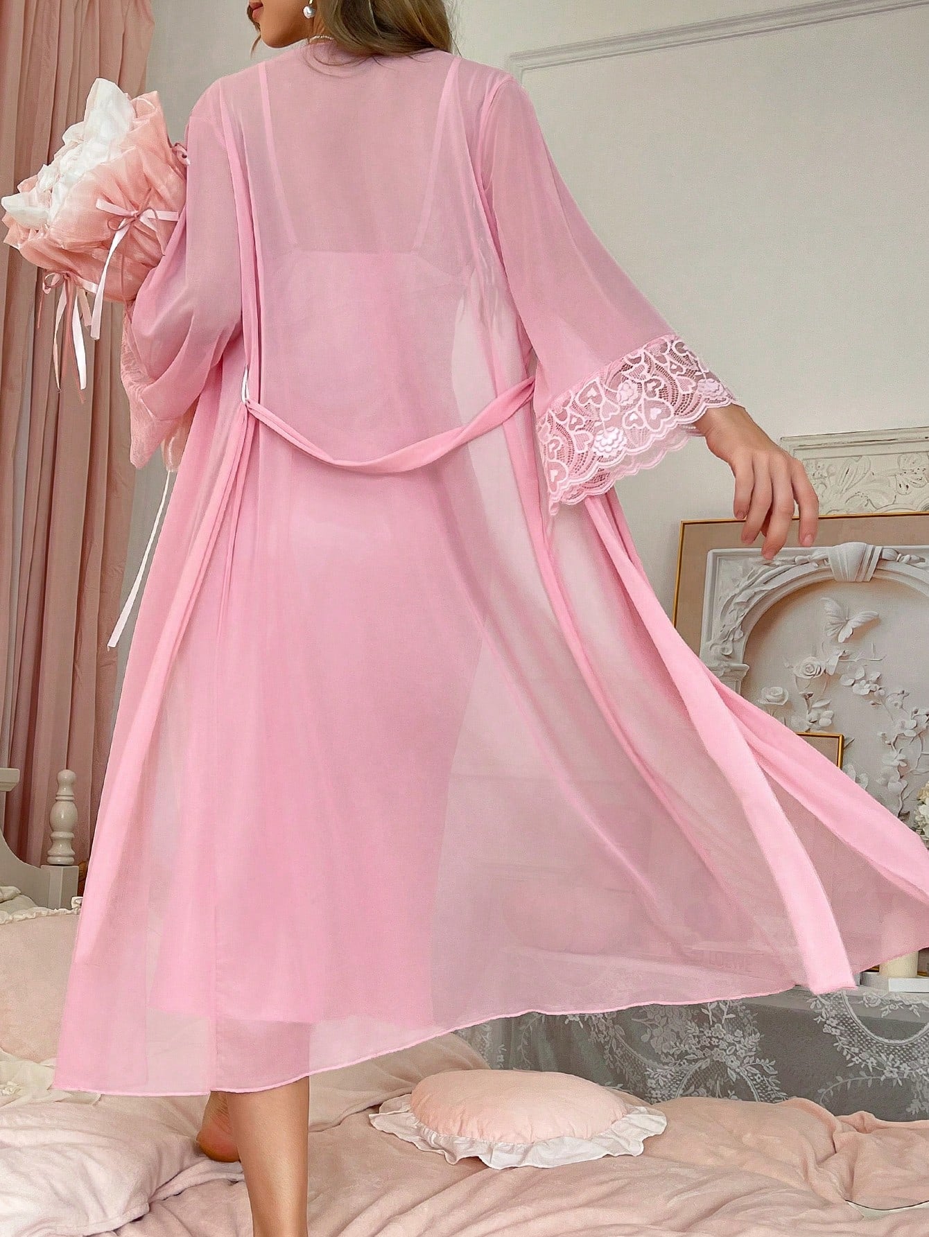 SilkySpell Elegant Girl's INS Satin Lace Robe & Dress Sleepwear Set