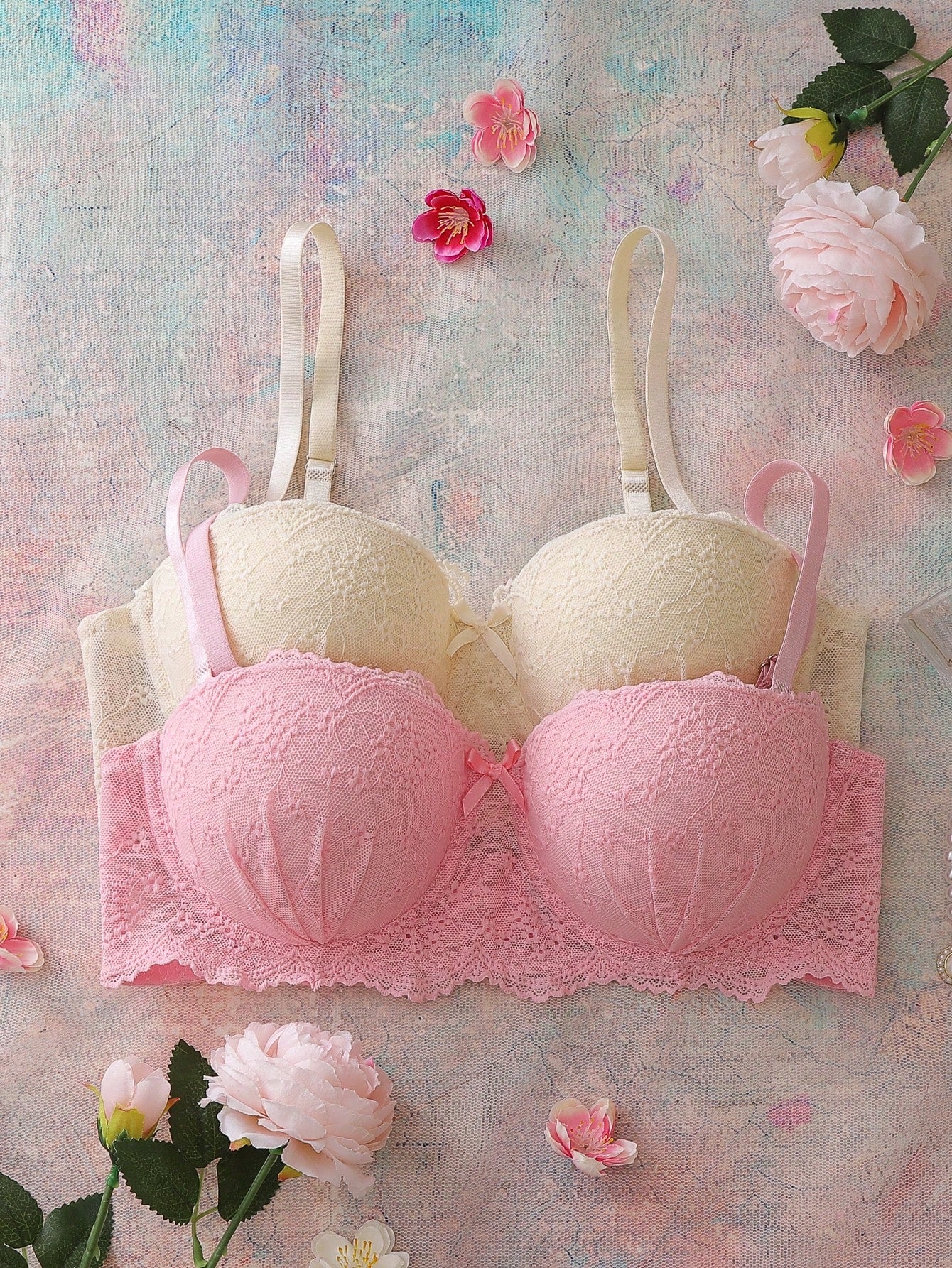 2pcs Pink Women's Underwire Lace Bra