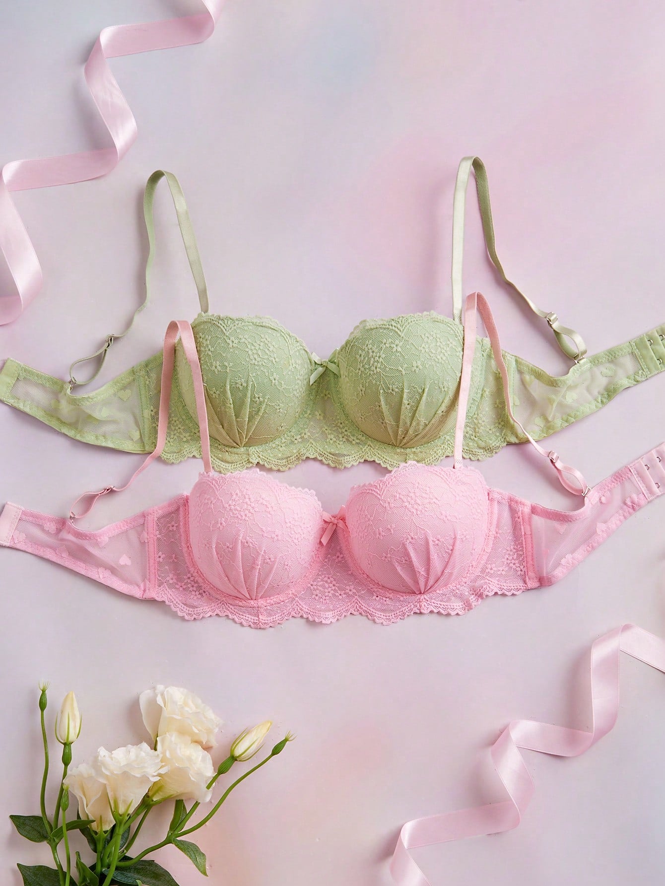 2pcs Pink Women's Underwire Lace Bra