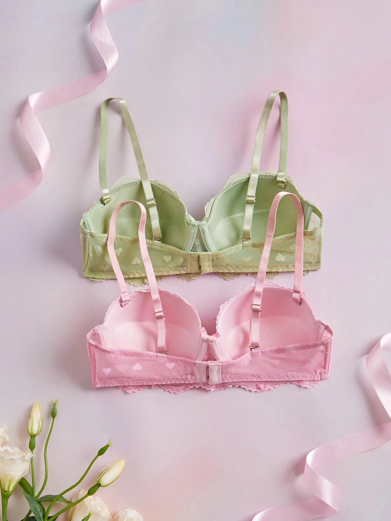 2pcs Pink Women's Underwire Lace Bra