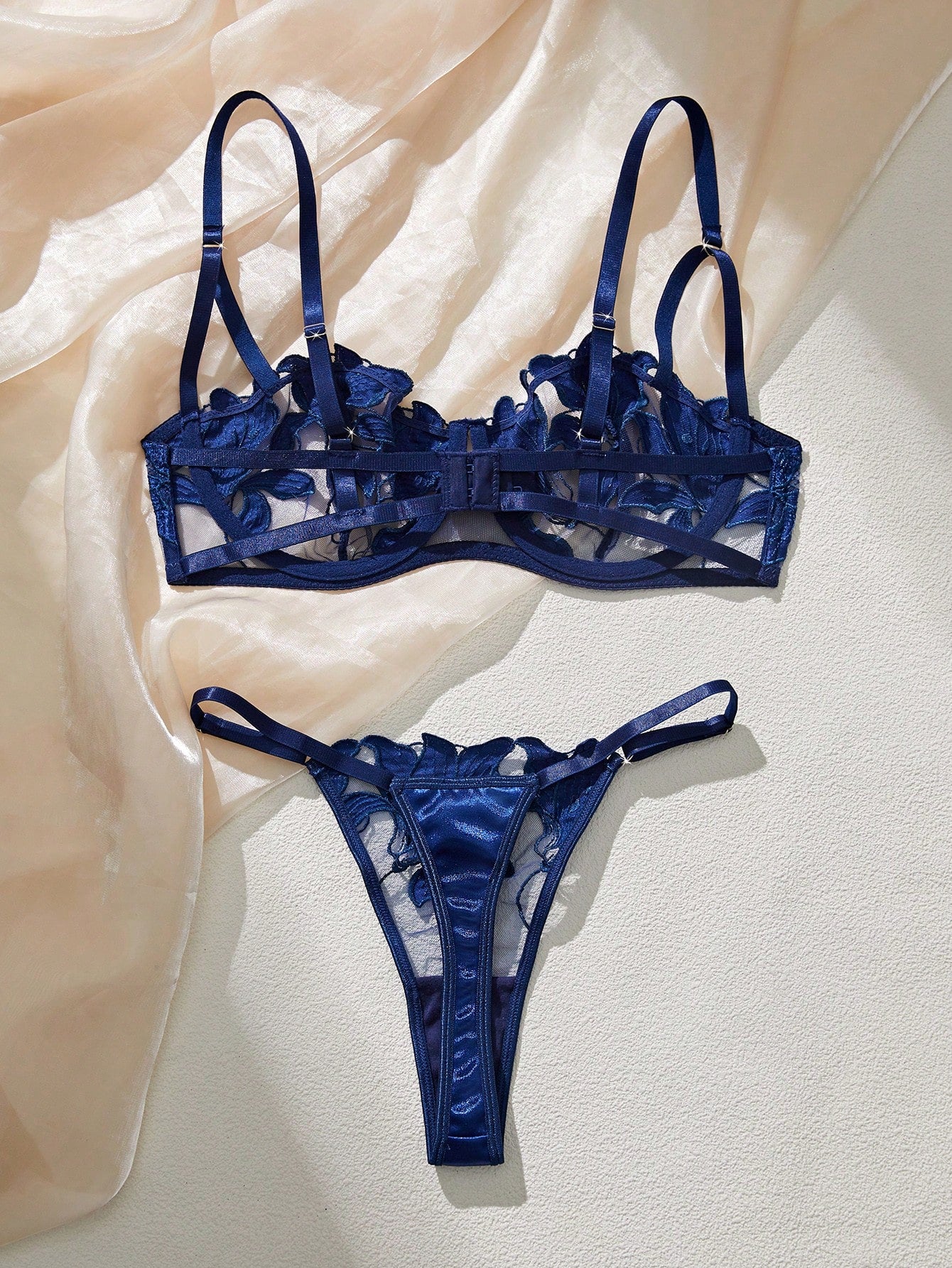 Women's Leaf Embroidery Mesh Sheer Bra And G-String Set