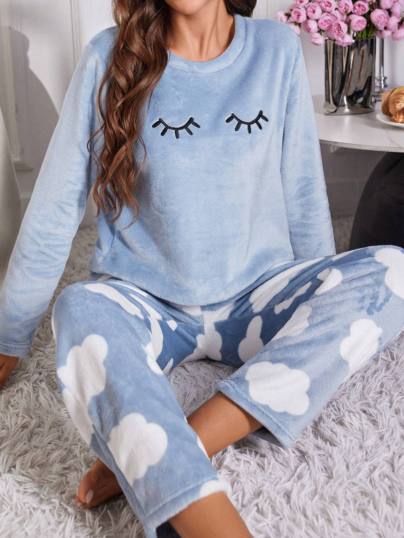 Eyelash Embroidery Flannel Long Sleeve Top And Pants Fluffy Pajama Set