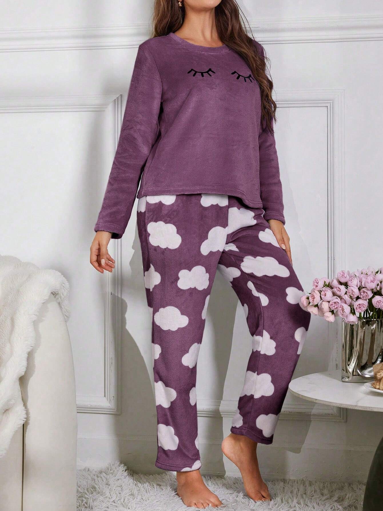 Eyelash Embroidery Flannel Long Sleeve Top And Pants Fluffy Pajama Set