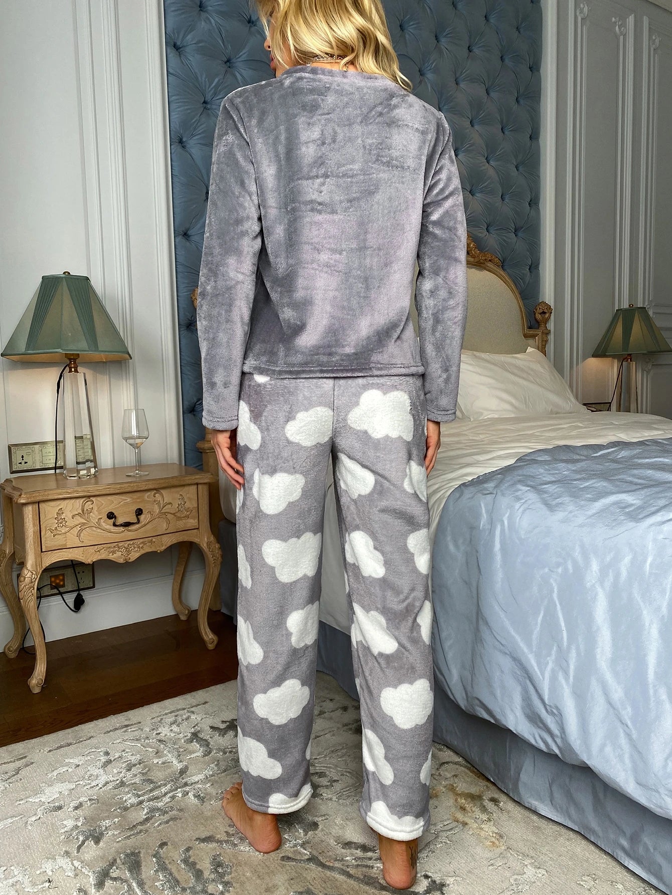 Eyelash Embroidery Flannel Long Sleeve Top And Pants Fluffy Pajama Set