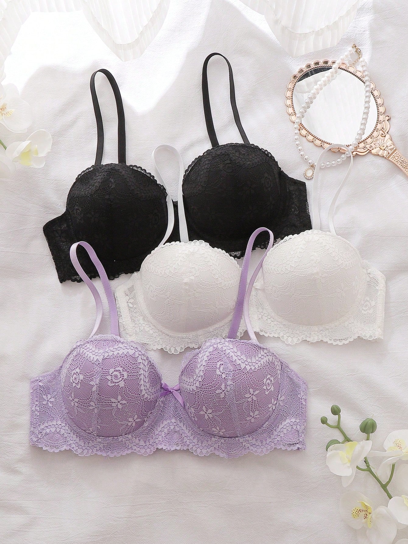 Women Lace Trim Wire-Free Push Up Bra With Non-Removable Pads Multicolor 3