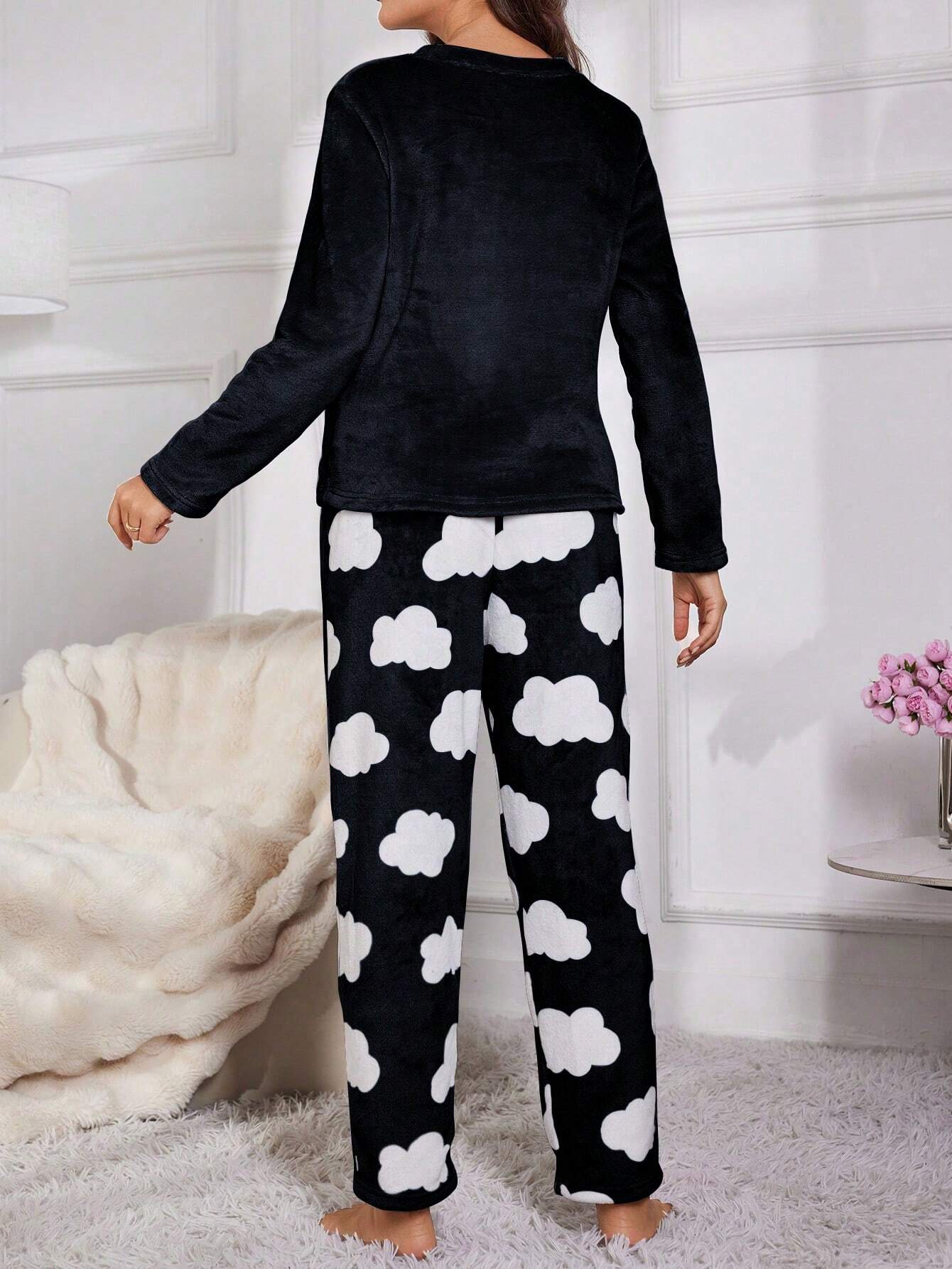 Eyelash Embroidery Flannel Long Sleeve Top And Pants Fluffy Pajama Set