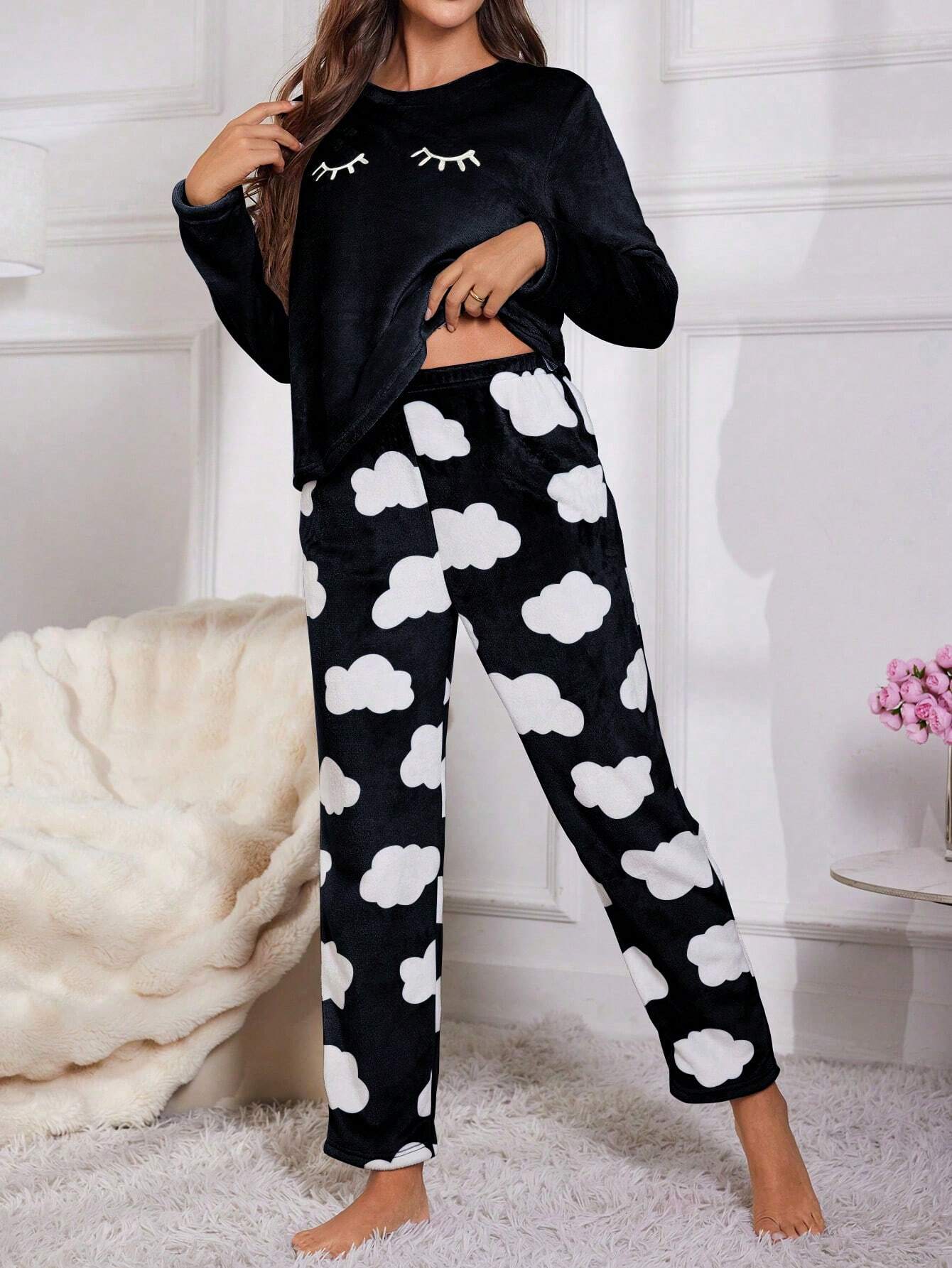 Eyelash Embroidery Flannel Long Sleeve Top And Pants Fluffy Pajama Set