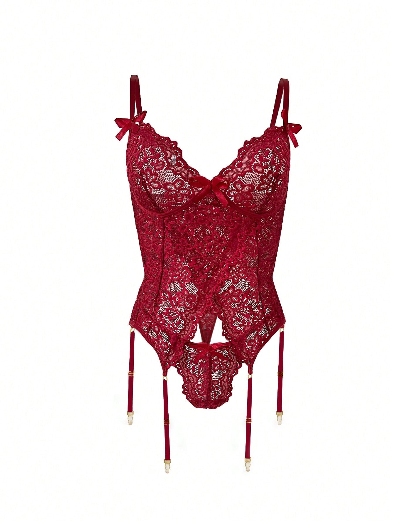 Floral Lace Bow Front Garter Corset Lingerie Set Bow Tie