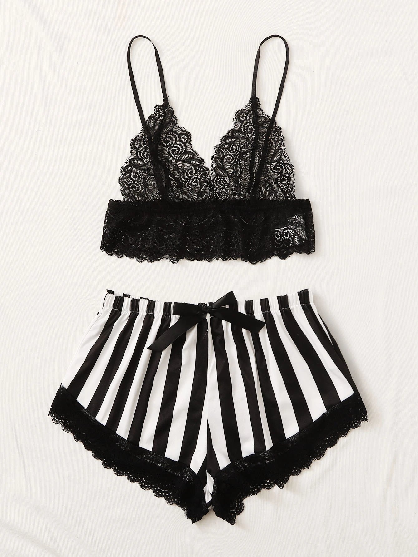 Floral Lace Bra With Striped Shorts
