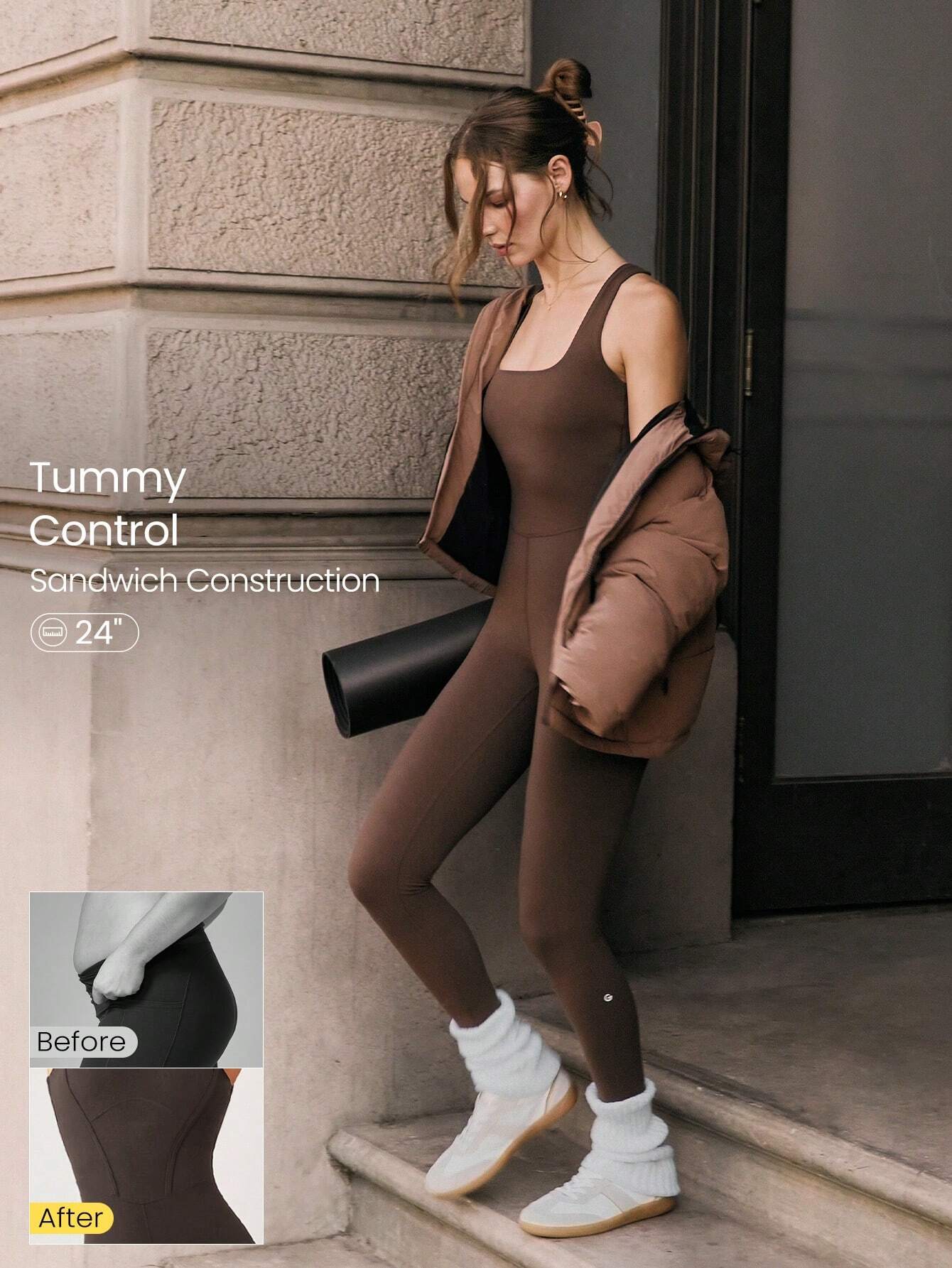 Tummy Control Open Back Gym Yoga Pilates Sports Jumpsuit Chocolate Brown