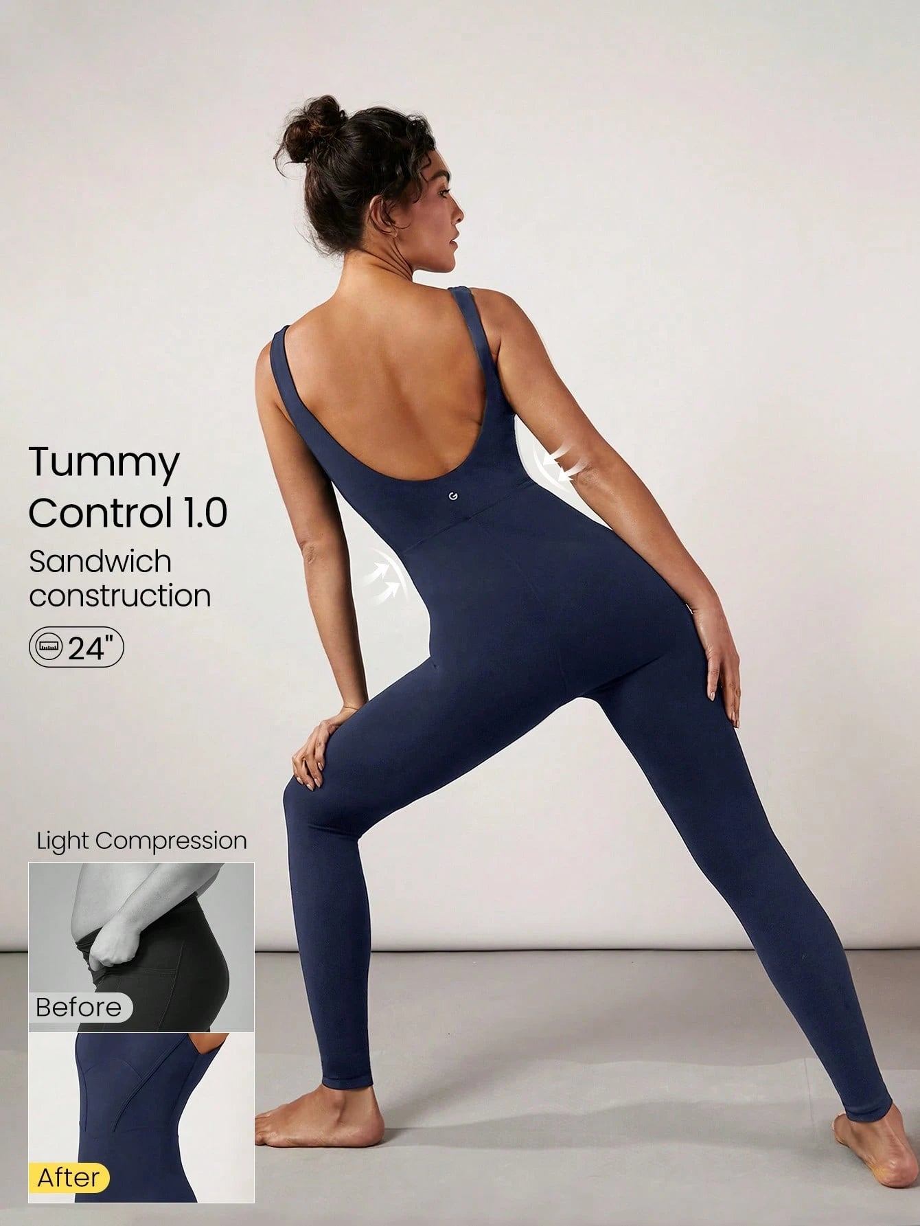 Tummy Control Open Back Gym Yoga Pilates Sports Jumpsuit Navy Blue