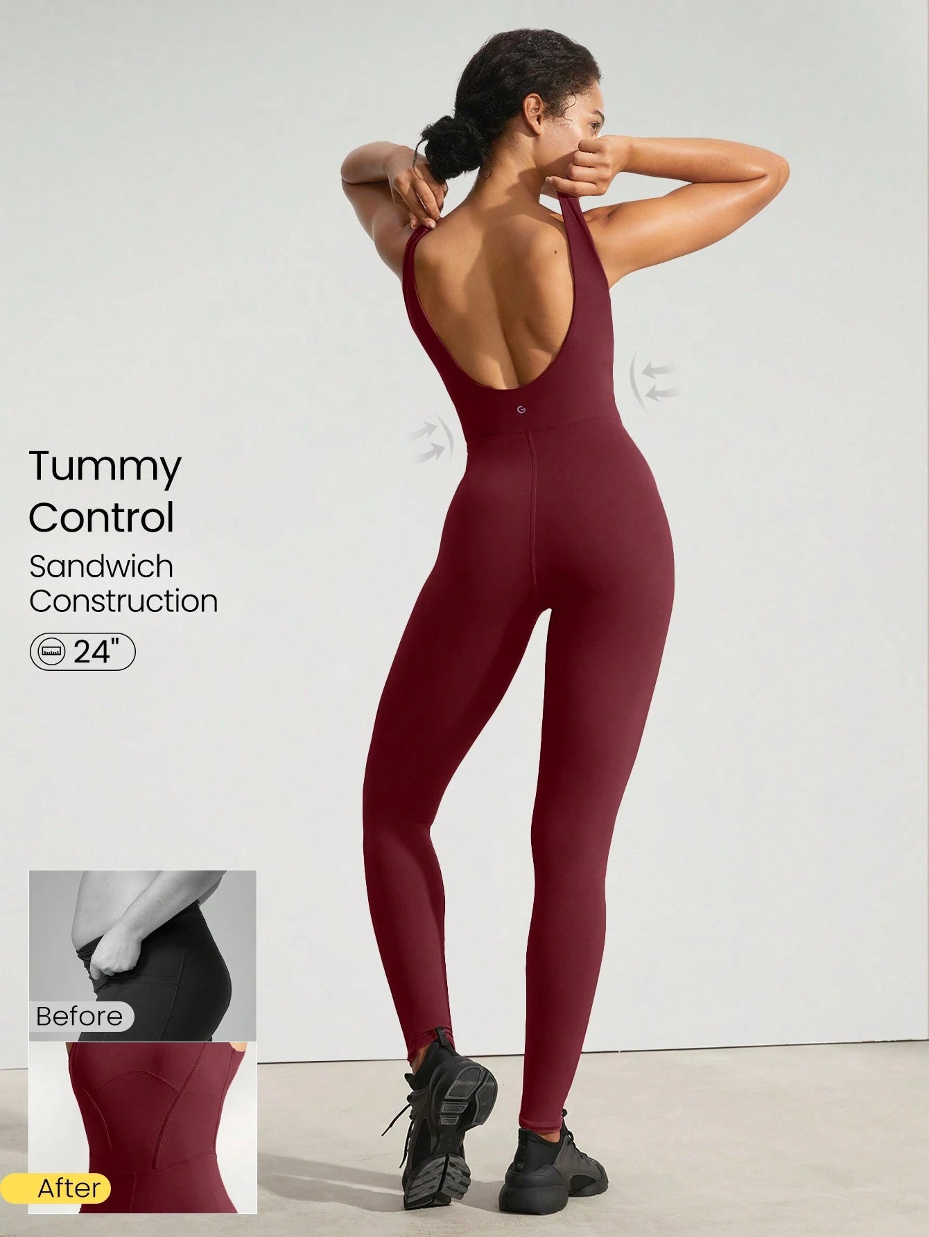 Tummy Control Open Back Gym Yoga Pilates Sports Jumpsuit Burgundy