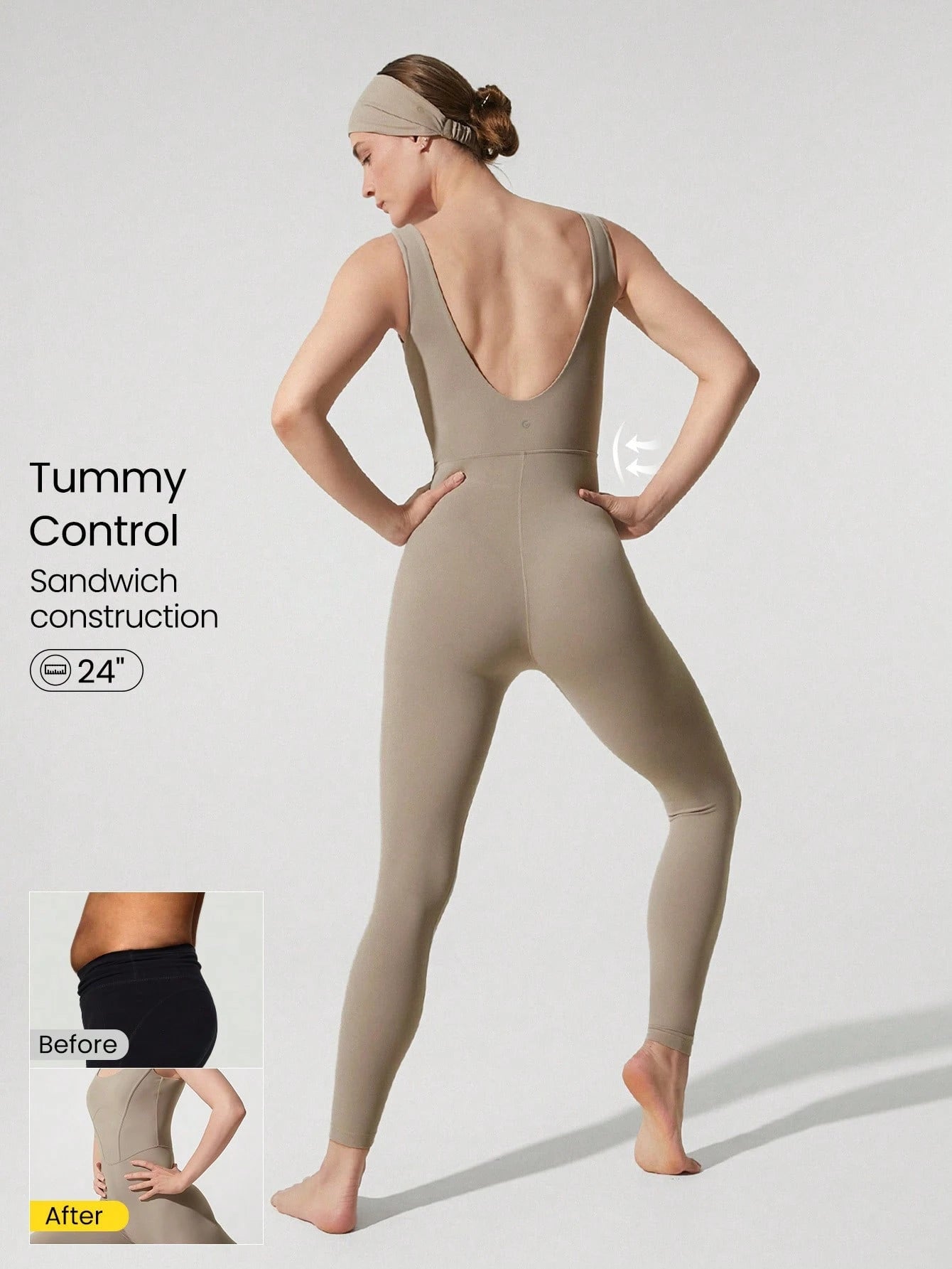 Tummy Control Open Back Gym Yoga Pilates Sports Jumpsuit Khaki