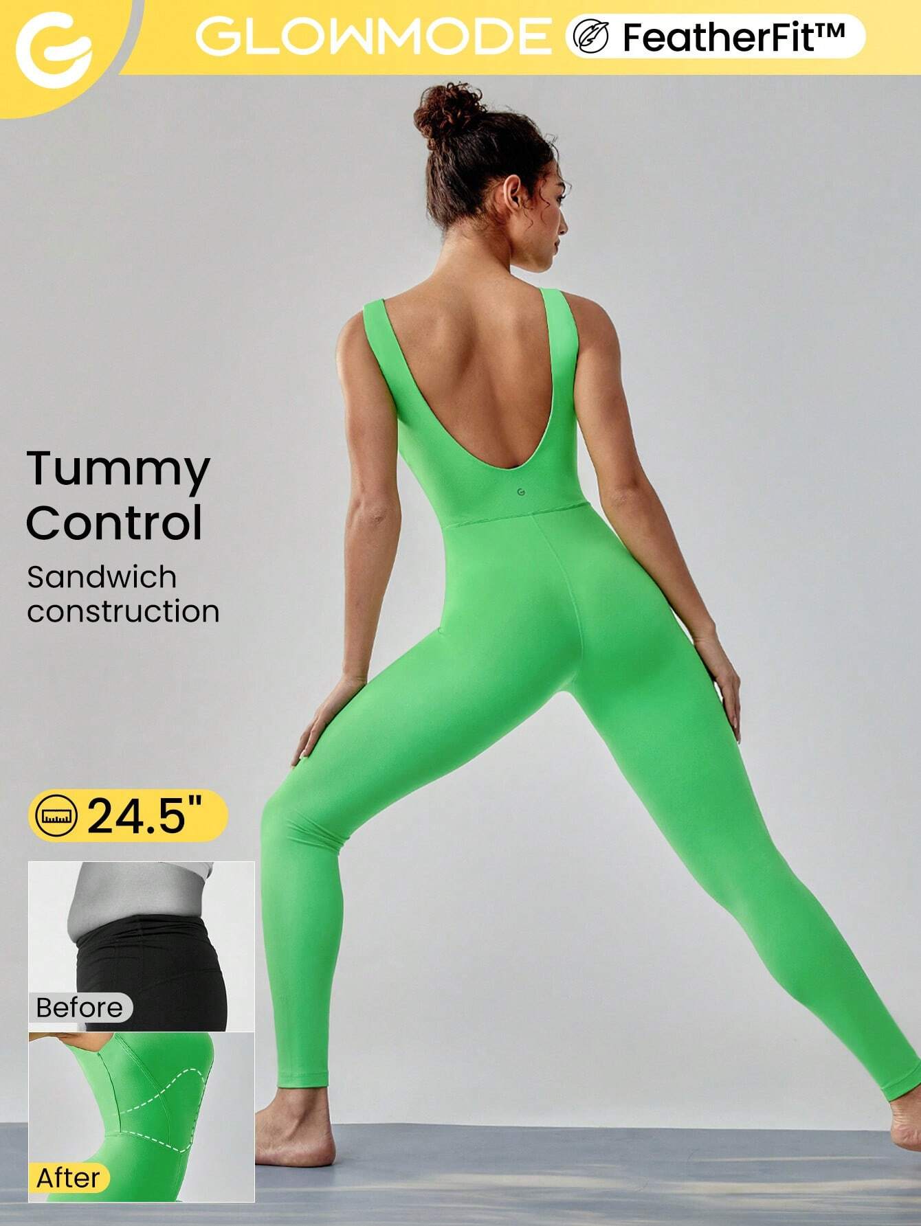 Tummy Control Open Back Gym Yoga Pilates Sports Jumpsuit Green