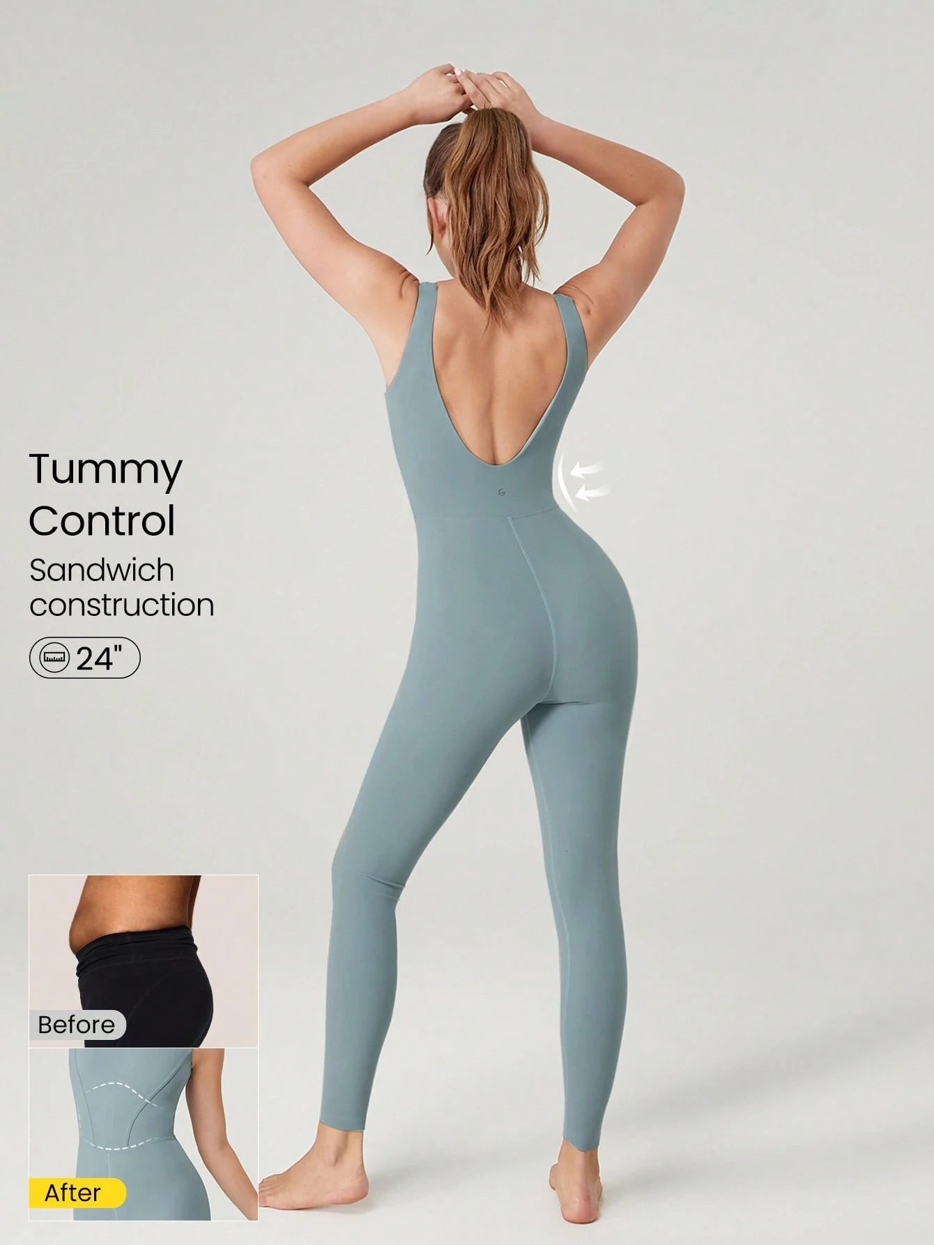 Tummy Control Open Back Gym Yoga Pilates Sports Jumpsuit Grey