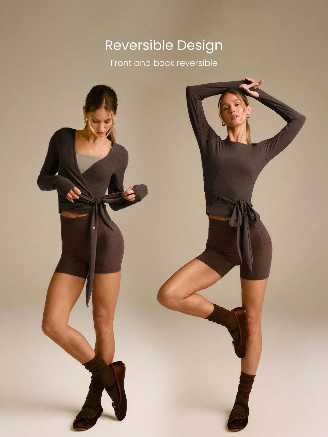 Decision 2-In-1 Reversible Wear Buttery-Soft Stretchy Sweat-Wicking Tie-Waist Long Sleeve Top
