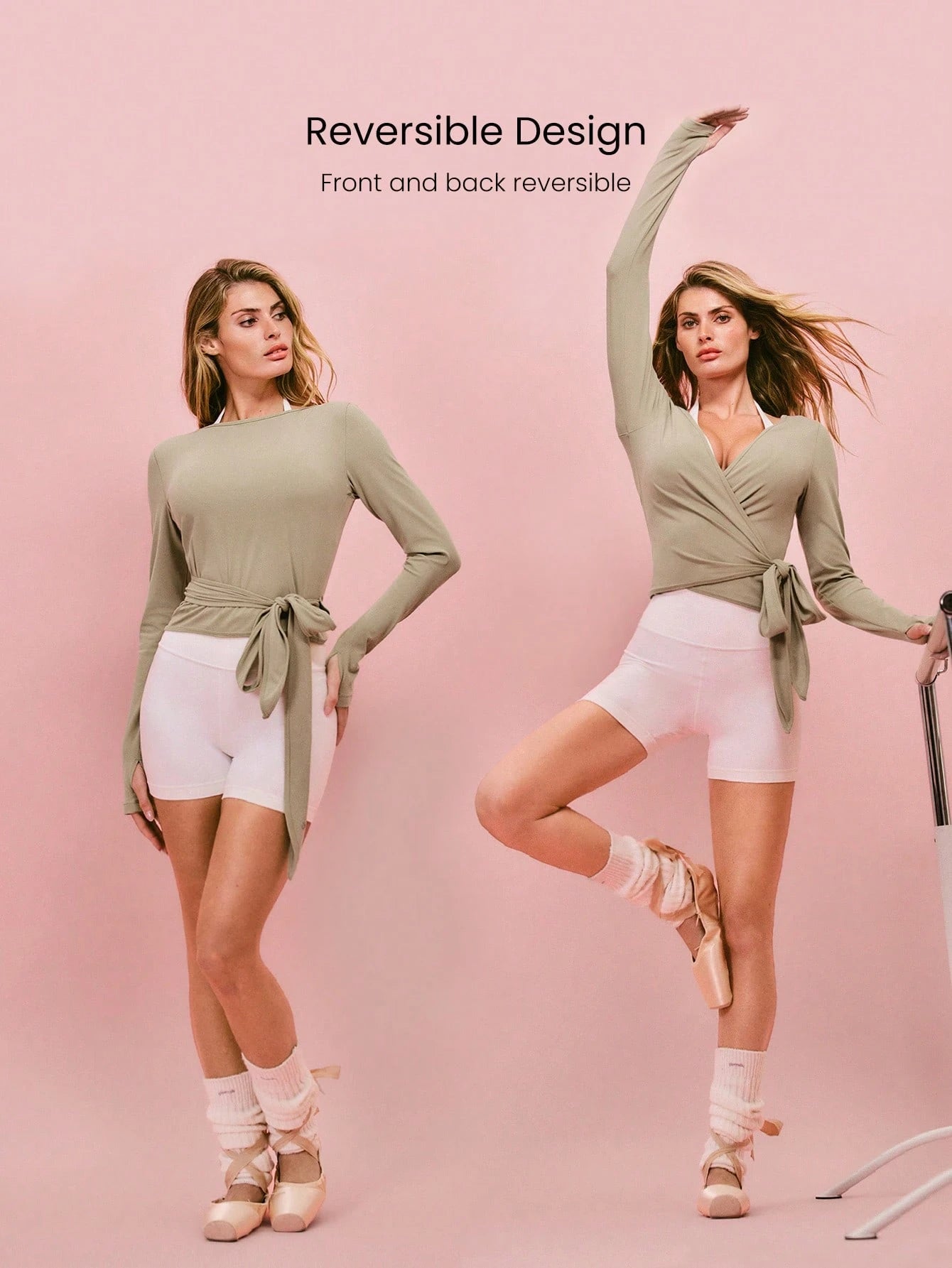 Decision 2-In-1 Reversible Wear Buttery-Soft Stretchy Sweat-Wicking Tie-Waist Long Sleeve Top